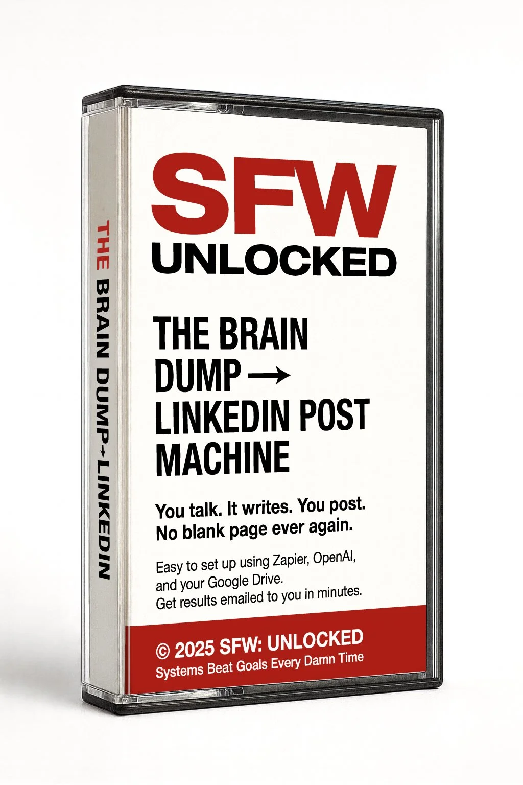 Box with text promoting a system called SFW Unlocked for writing and posting on LinkedIn, highlighting setup ease and results.
