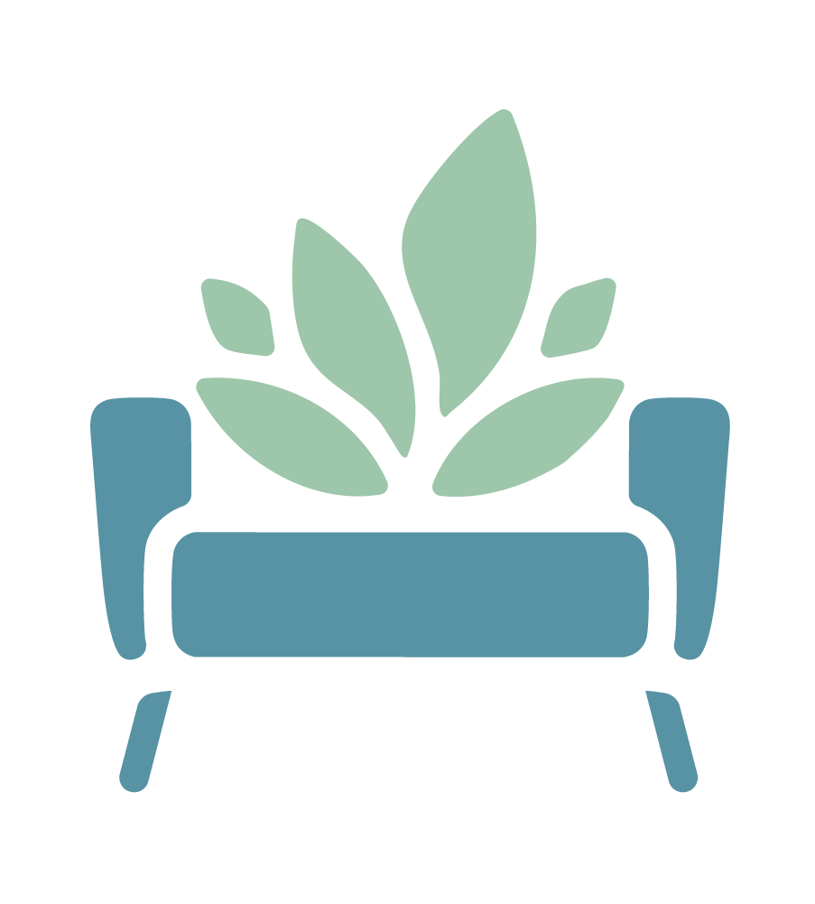 A minimalist illustration of a potted plant on a small blue side table.