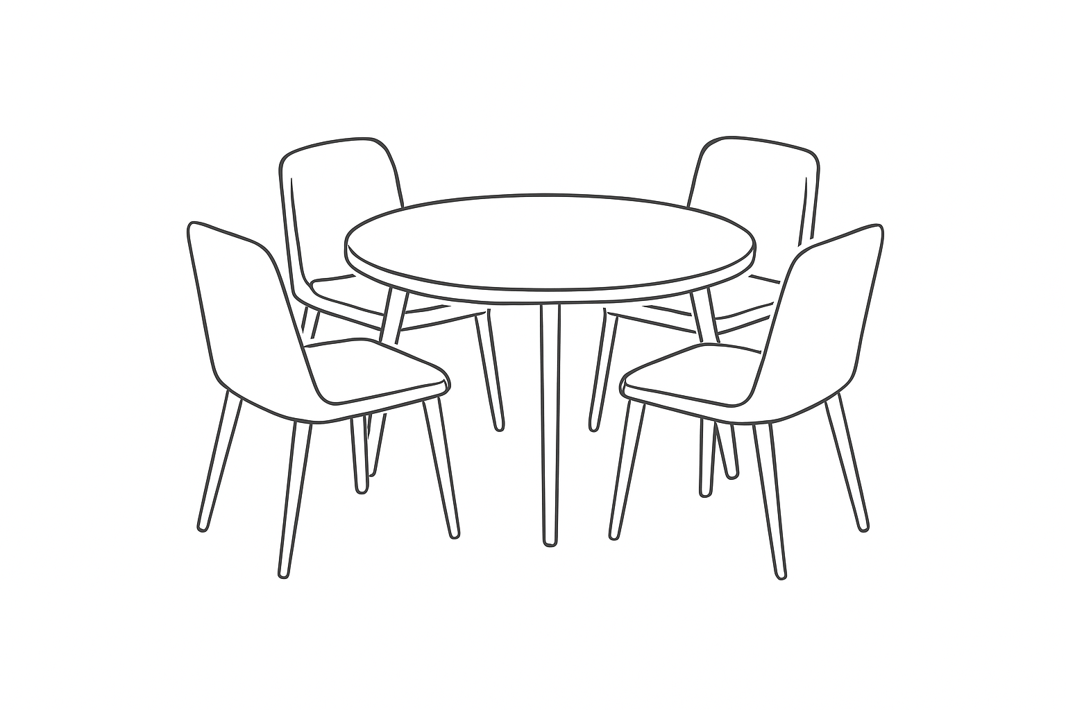 Line drawing of a round dining table surrounded by six chairs with cushioned seats.