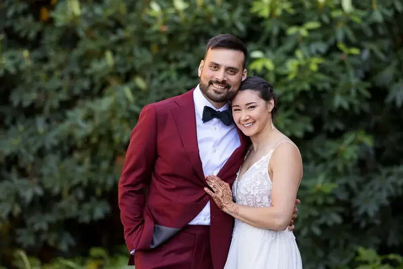 Bride and groom portrait after first look at Saint Clements Castle