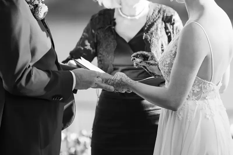 Close-up of bride and groom exchanging rings during wedding ceremony