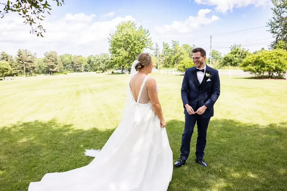 Emotional First Look on the Lawn Before the Ceremony