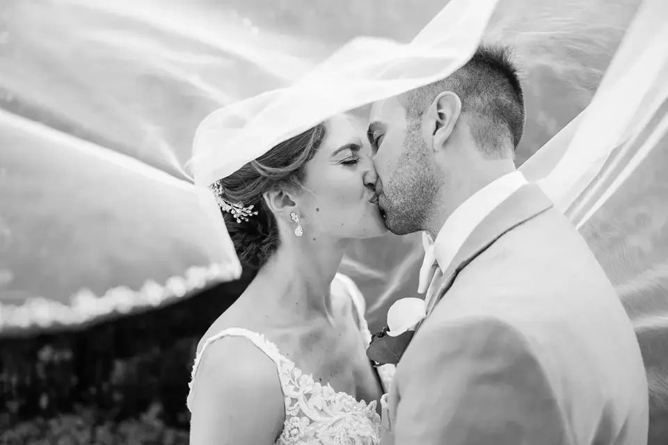 Black and White Wedding Veil Kiss