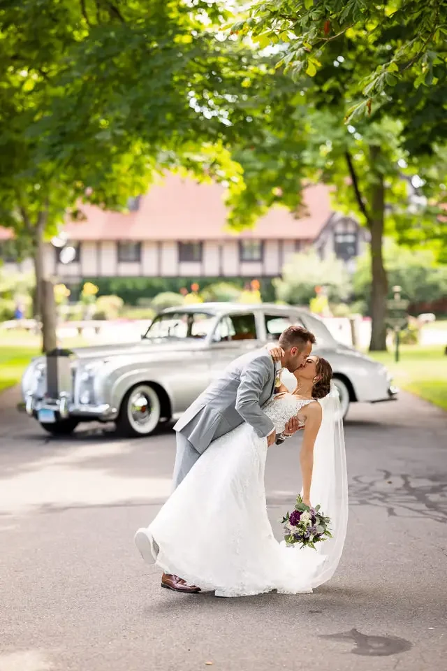 Wedding Dip Kiss with Vintage Car