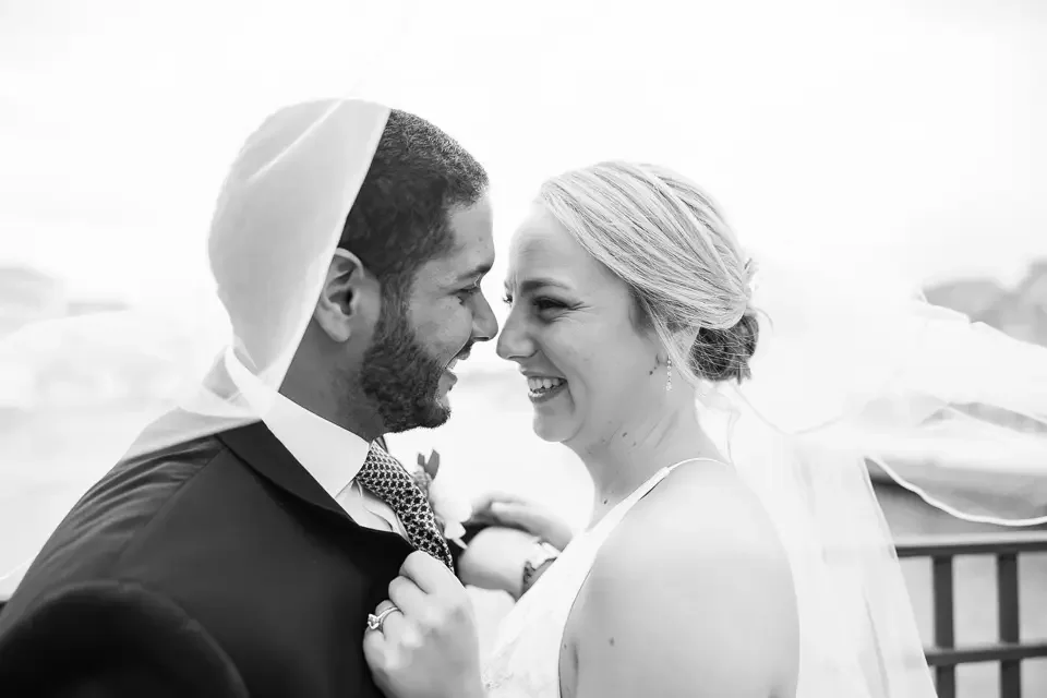 Black and White Waterfront Wedding Portrait
