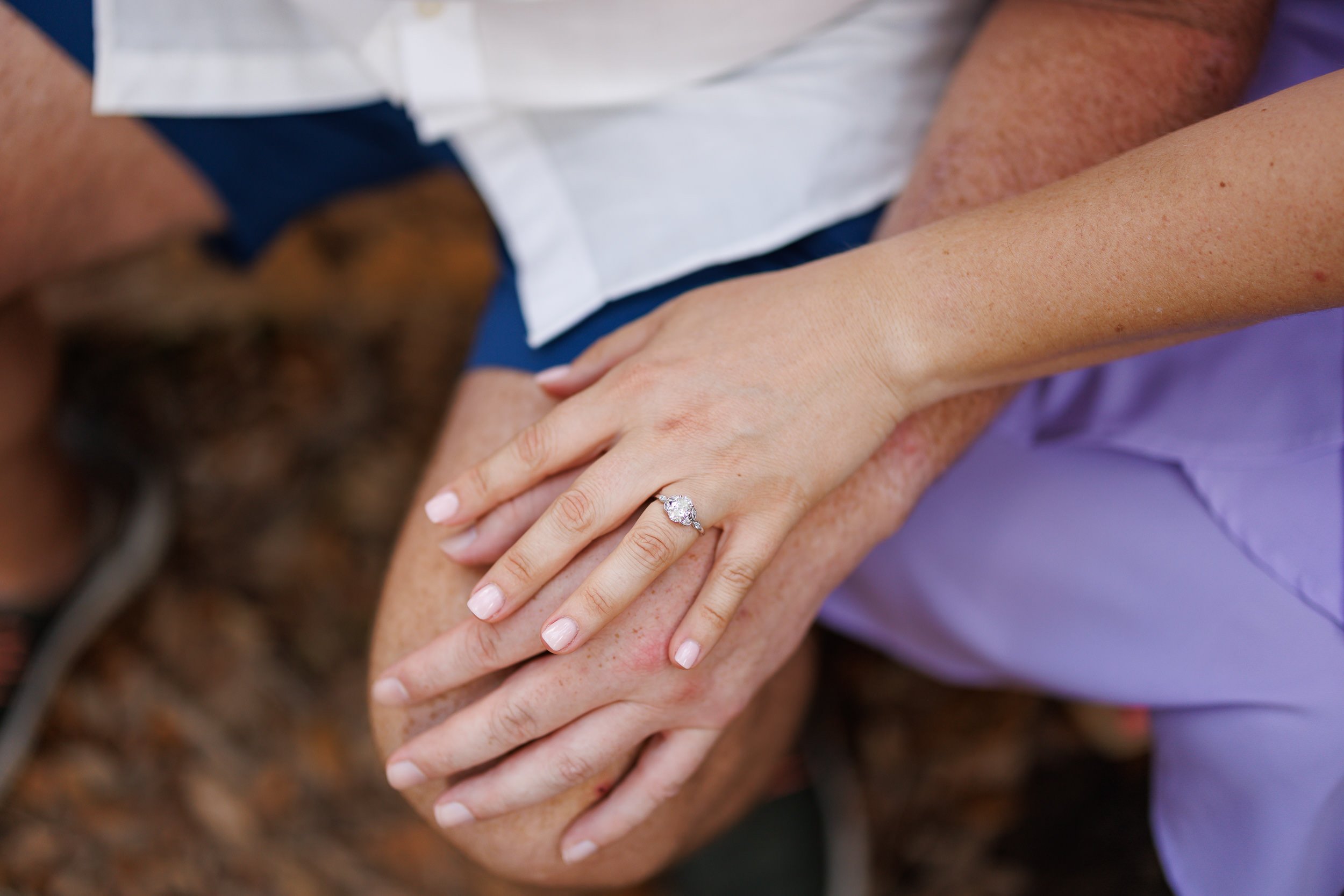 Erin's engagement ring, her hand resting on Will's as they sit on the trail at Myakka River State Park.