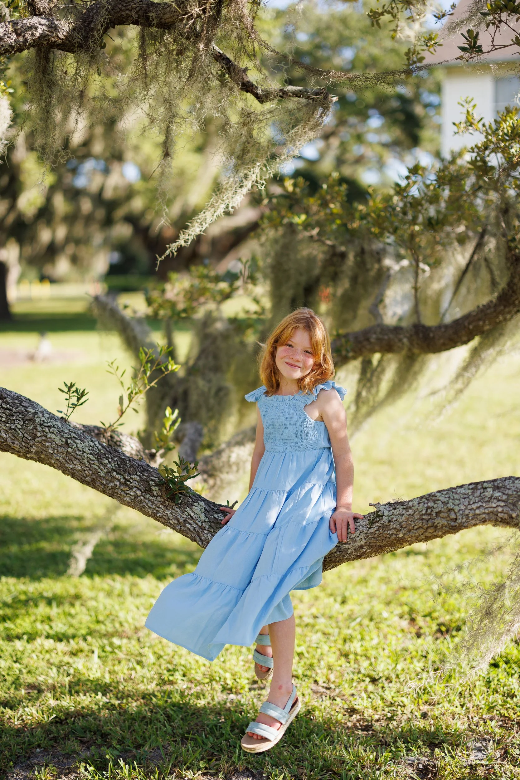 A child in a blue dress sits on a tree branch with Spanish moss.