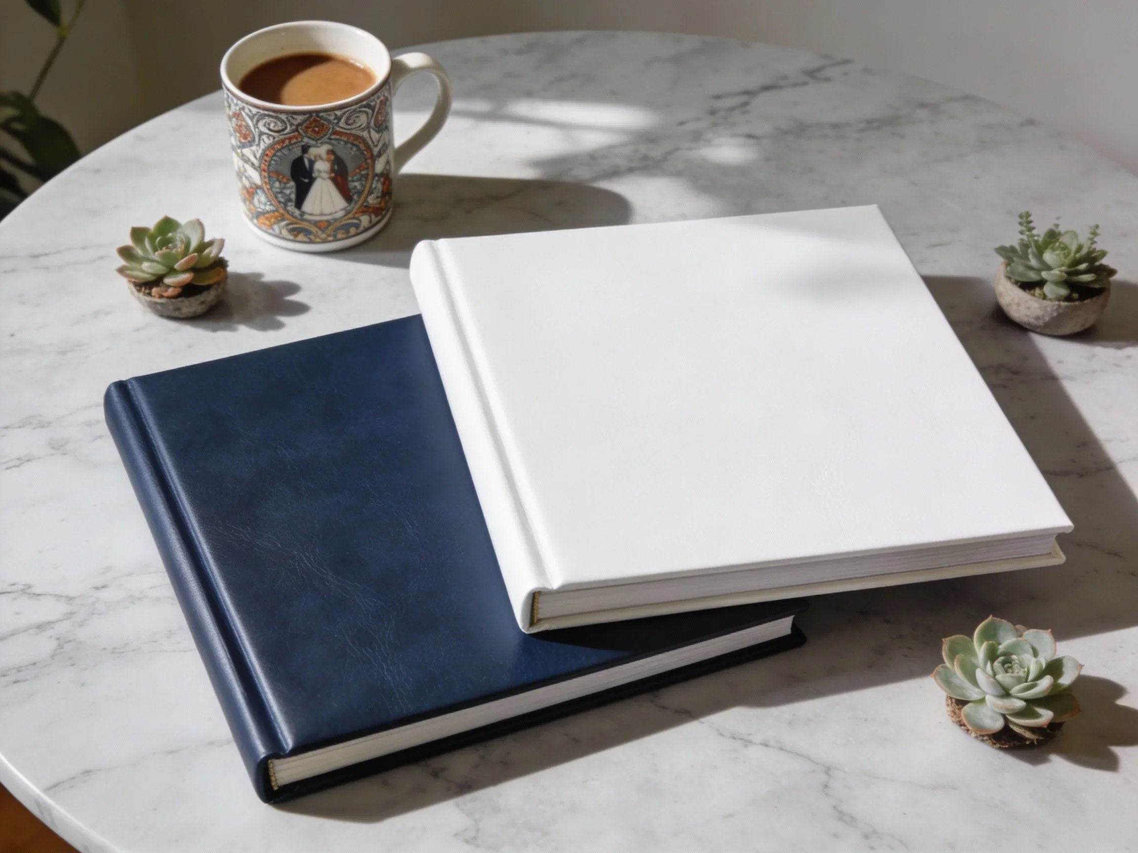 Wedding photo albums displayed in natural light, representing timeless keepsakes designed to be held, shared, and revisited for years to come.