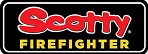 Scotty Firefighter logo with bold red and yellow text on a black background