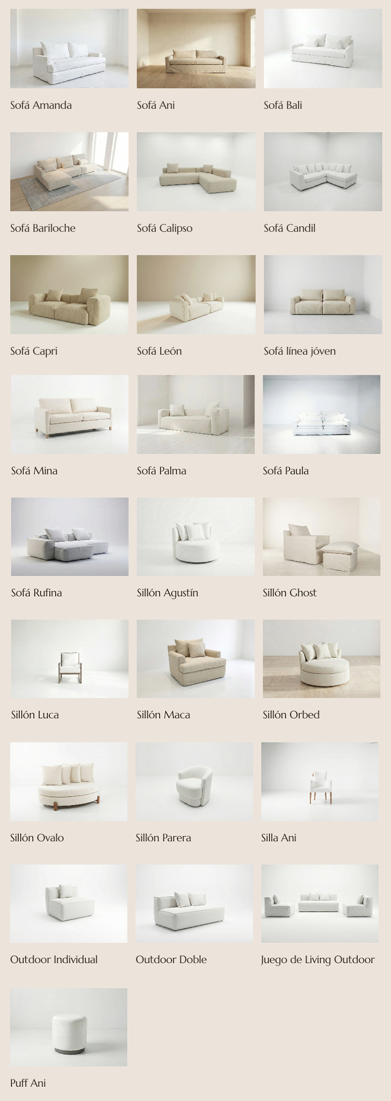 Colección de diferentes tipos de sofás y sillones, en tonos claros y diseños modernos, en un entorno minimalista.