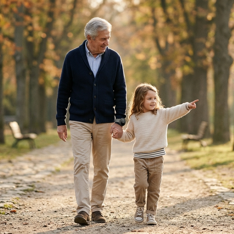 Un abuelo y una niña caminando juntos en un parque durante el otoño, el abuelo sostiene la mano de la niña y ambos parecen estar disfrutando el paseo. GPS inteligente para personas.
