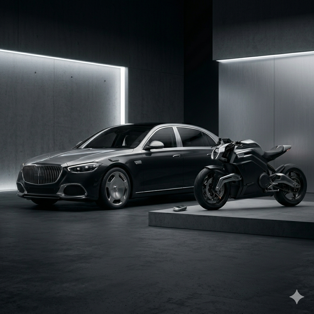 Coche sedán negro y motocicleta negra en un entorno moderno y minimalista con paredes de hormigón y luces LED. GPS inteligente para autos y motocicletas.