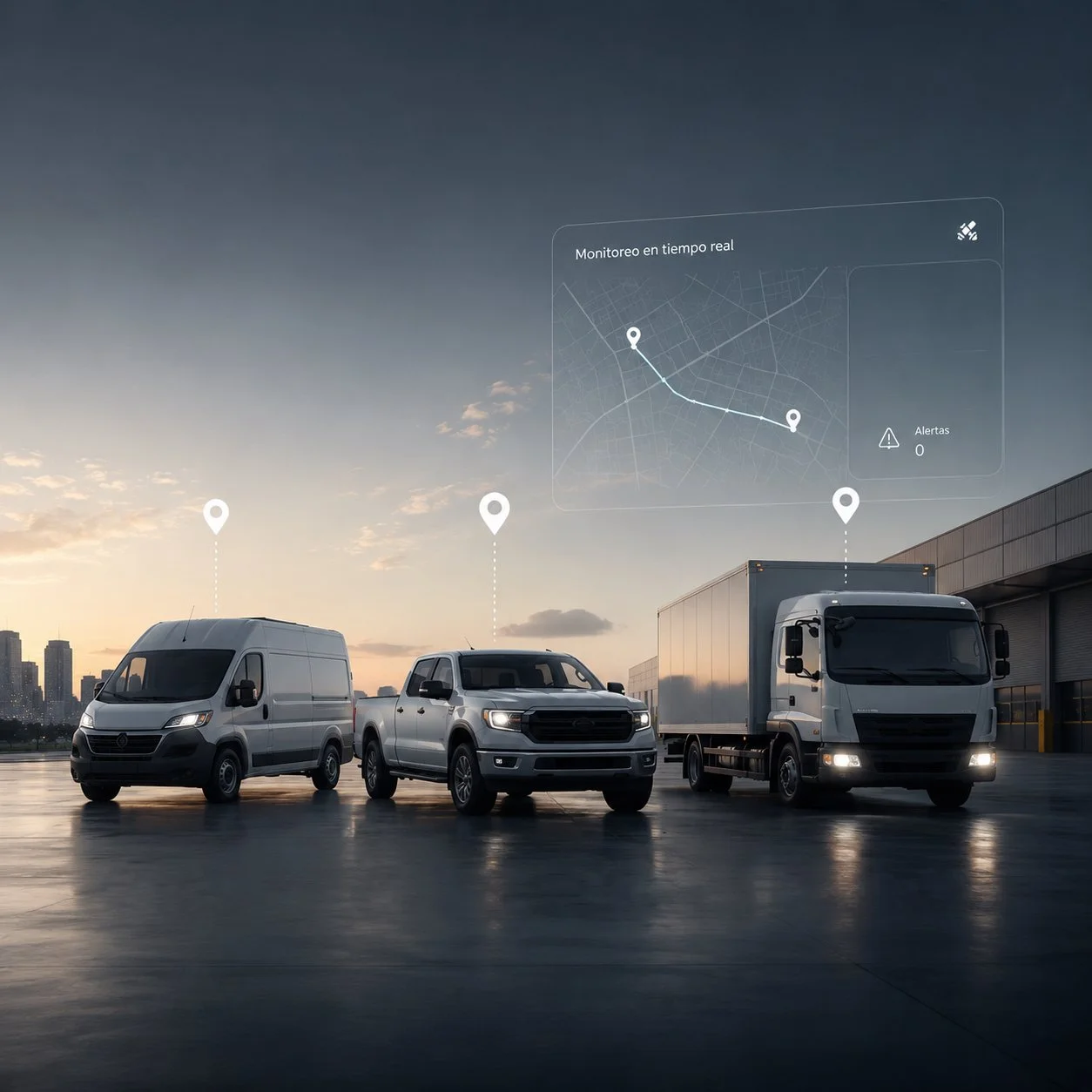 Tres vehículos comerciales (una van, una camioneta y un camión) estacionados en un área industrial al atardecer, con un mapa digital en realidad aumentada sobre el cielo que muestra una ruta con alertas en cero. GPS inteligente para flotillas.