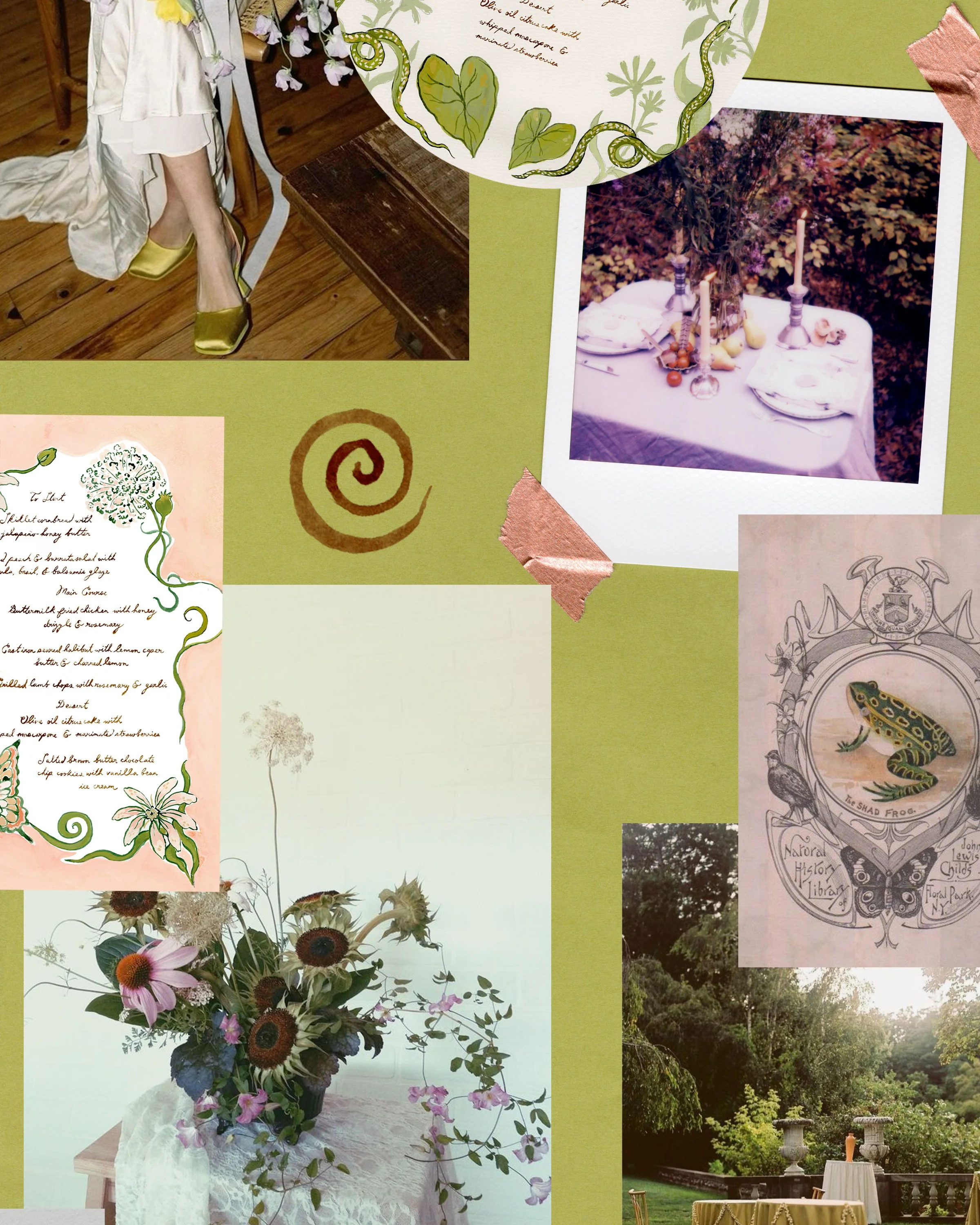 A collage of various images including a person wearing yellow shoes, a table set outdoors with candles, a framed drawing of a gecko, a floral arrangement, and decorative papers with handwritten notes and illustrations.