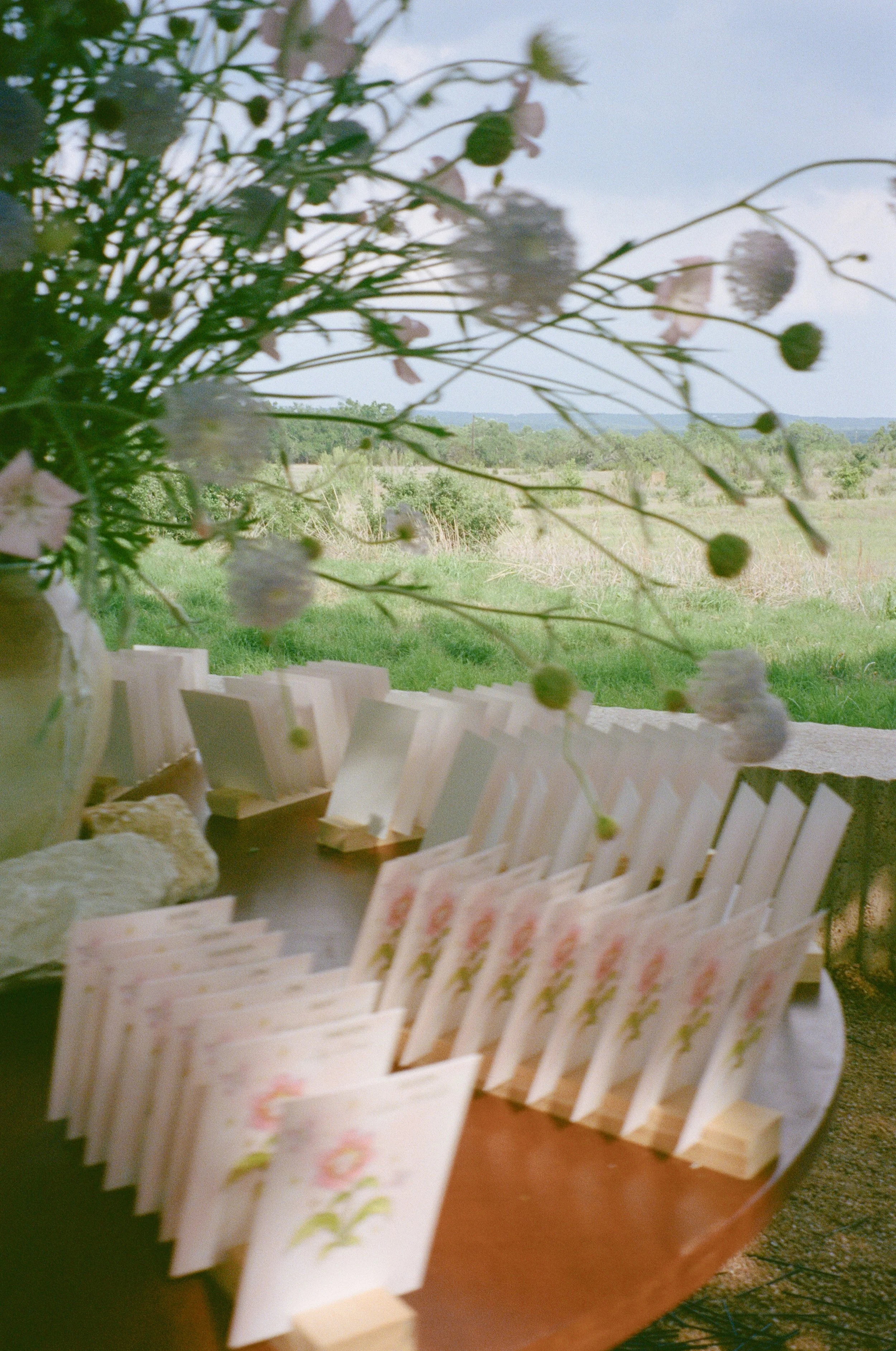 Wooden table with small cards decorated with pink flowers, set outdoors with a landscape of green grass, bushes, and trees in the background, and a floral arrangement in the foreground.