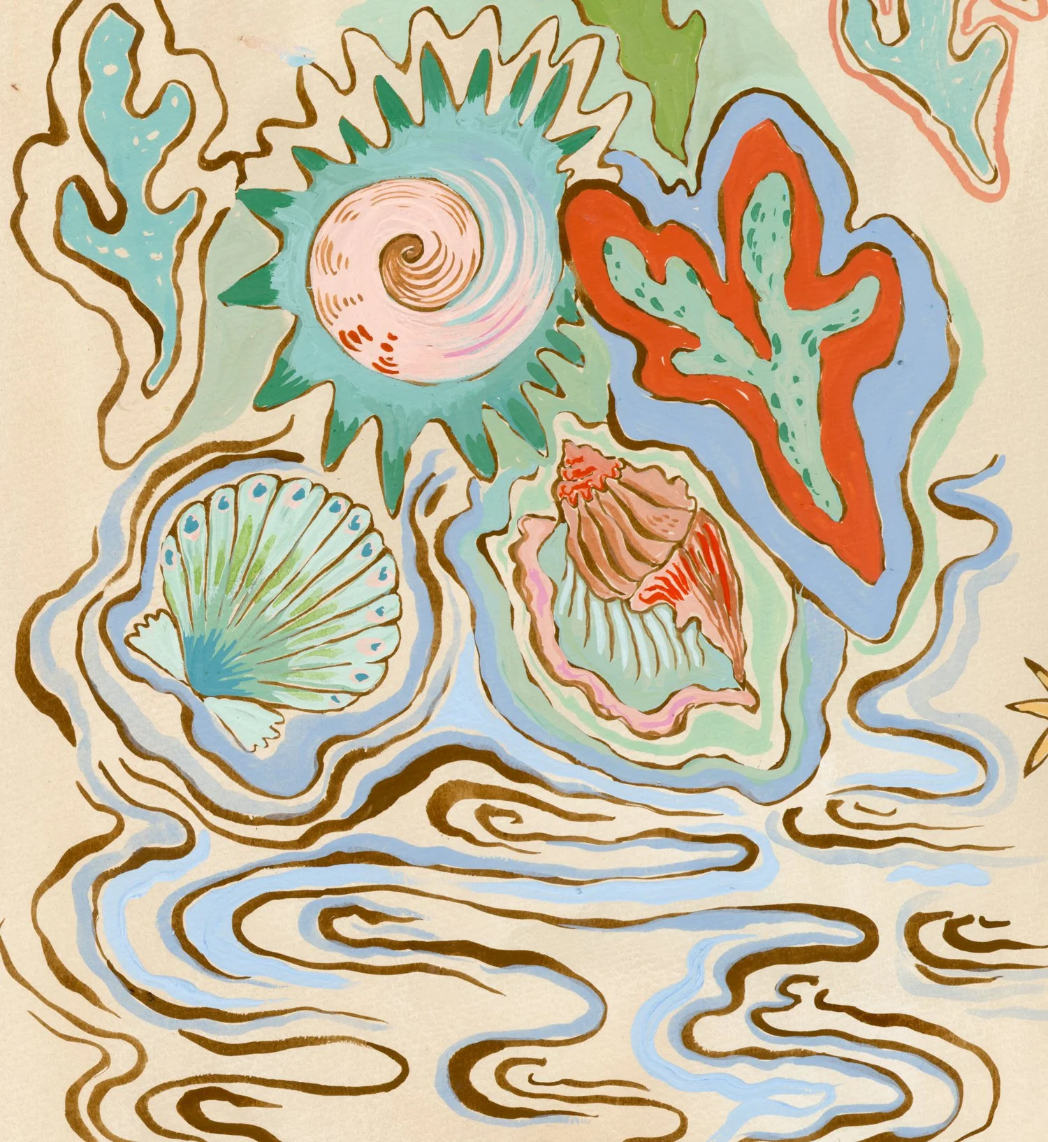 Abstract artwork featuring seashells, coral, a spiral shell, and swirling patterns in pastel colors with a mix of blue, green, red, and beige tones.