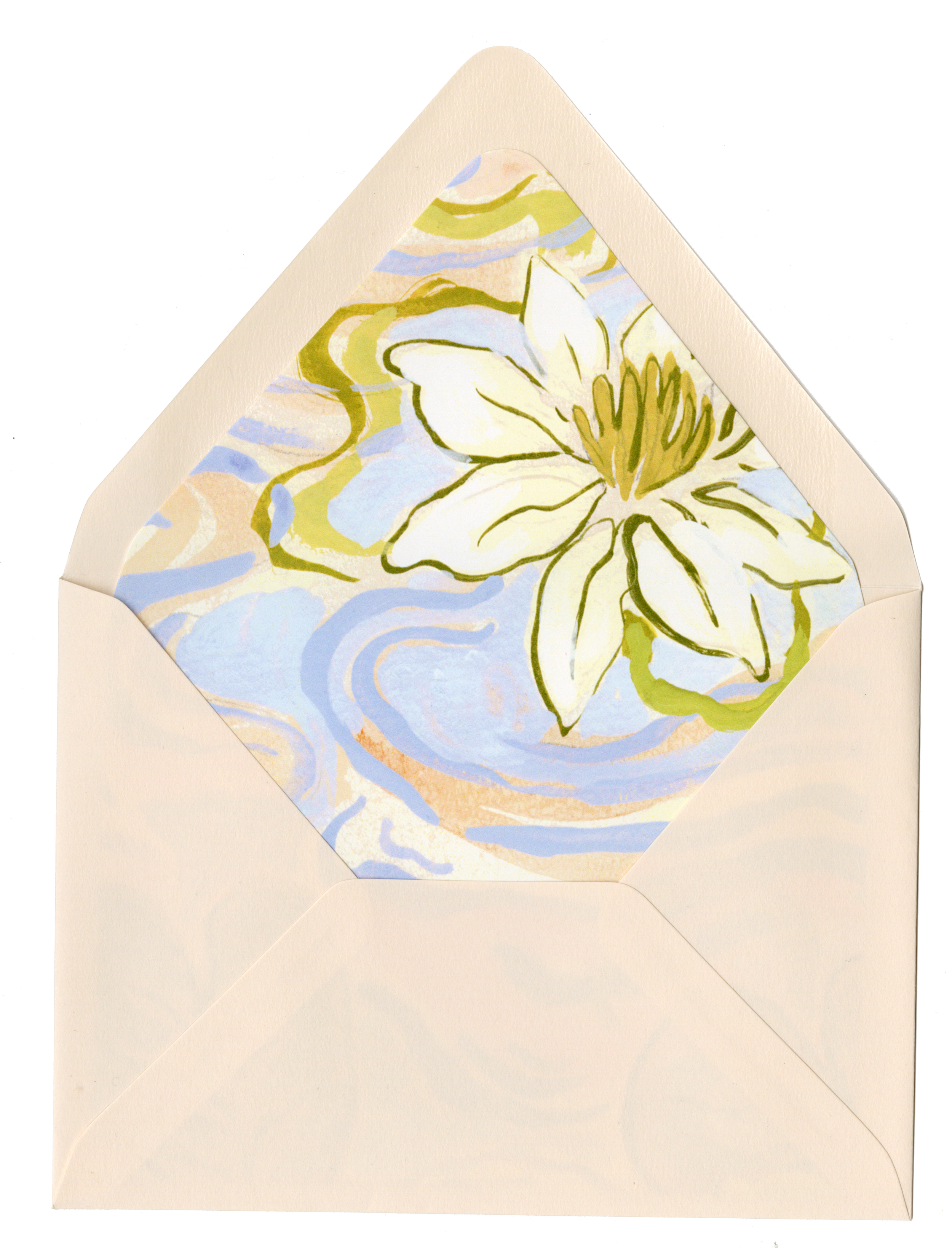 A cream-colored envelope with an inner lining featuring a floral watercolor design, depicting a white flower with green leaves and a background of swirling pastel colors.