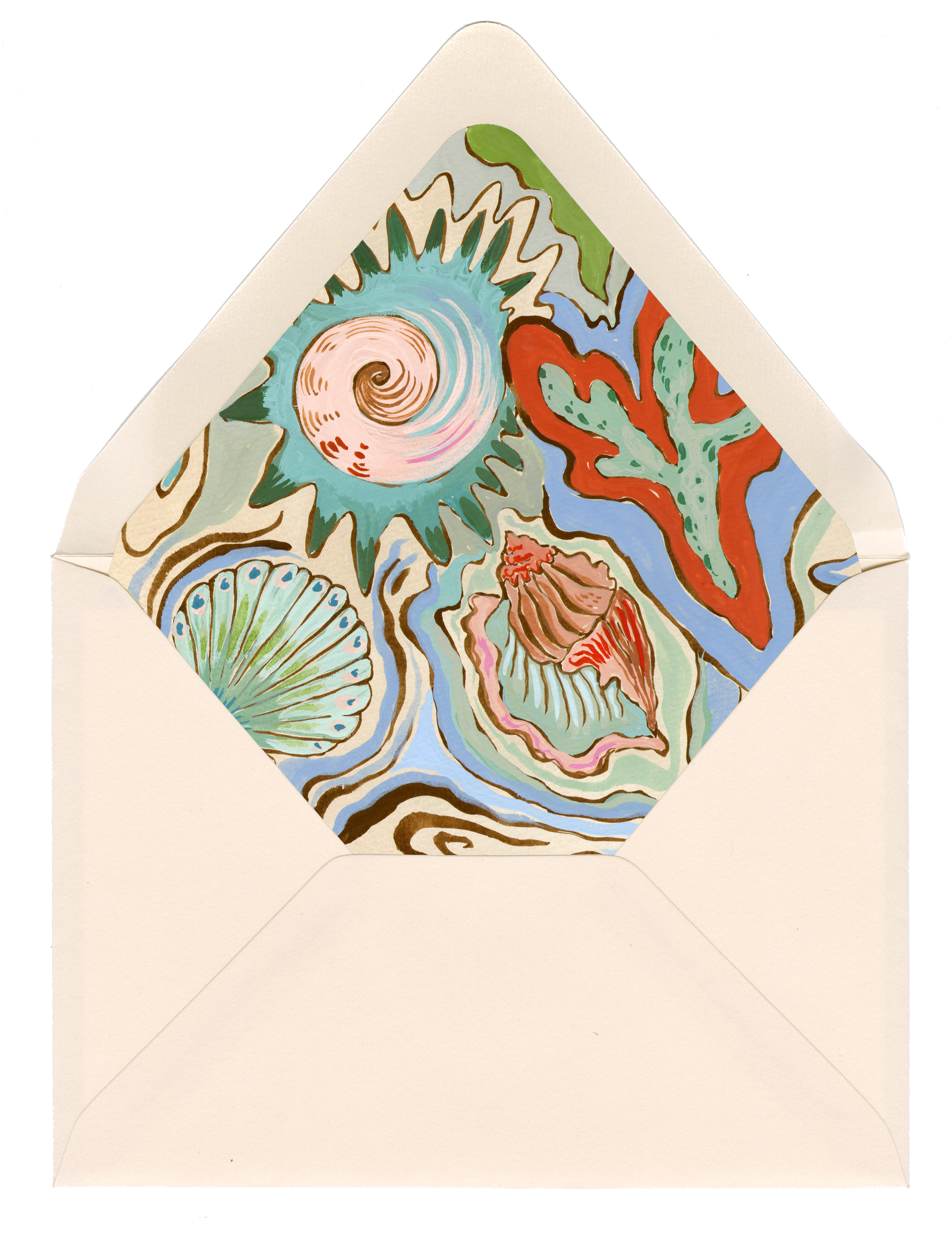 An envelope with a decorated interior featuring abstract, colorful ocean-themed artwork of shells, coral, and a spiral pattern.