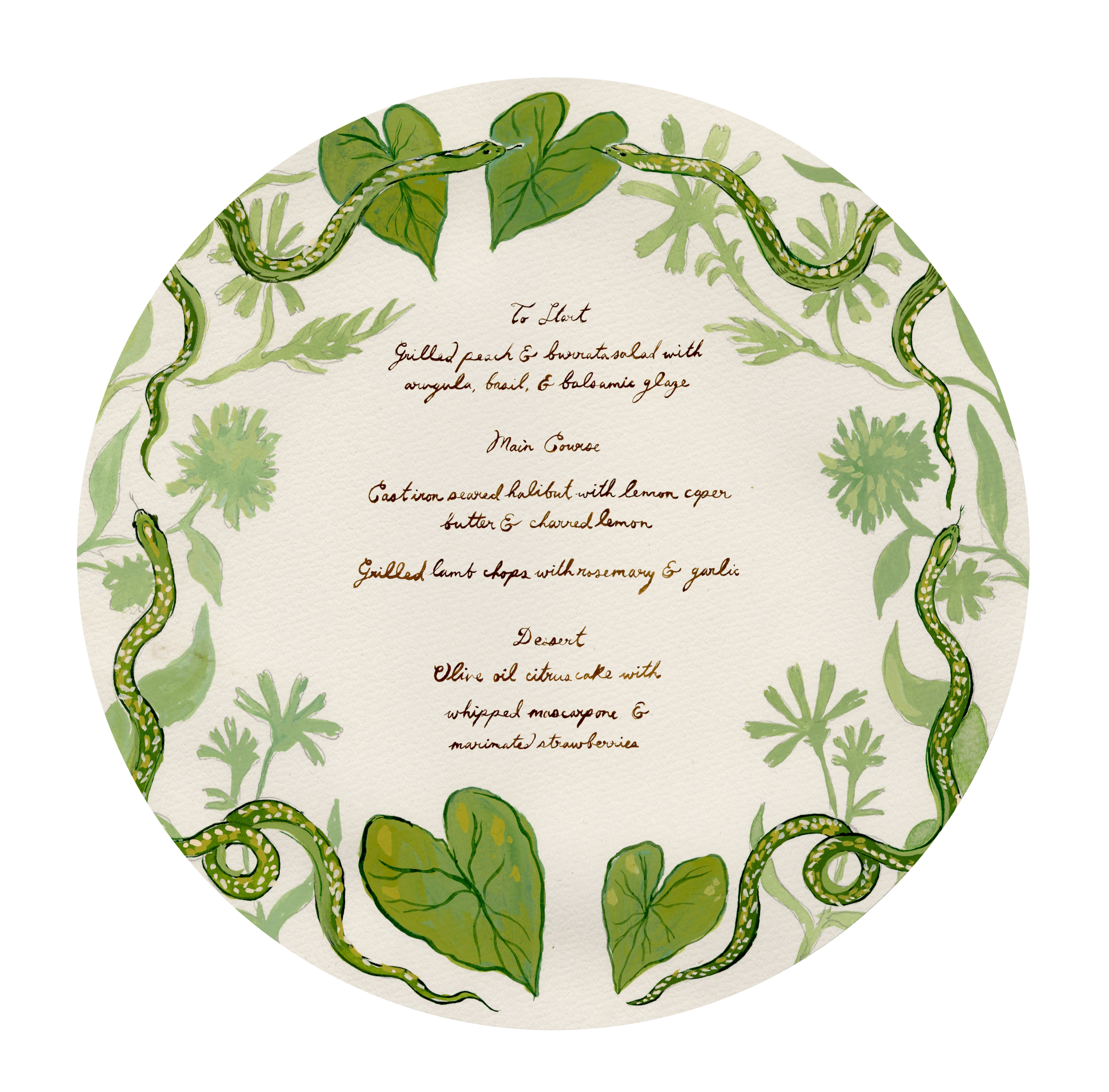 A circular illustrated menu with green leaves and snakes around the border, featuring handwritten-style text listing a multi-course meal including a starter, main course, and dessert.