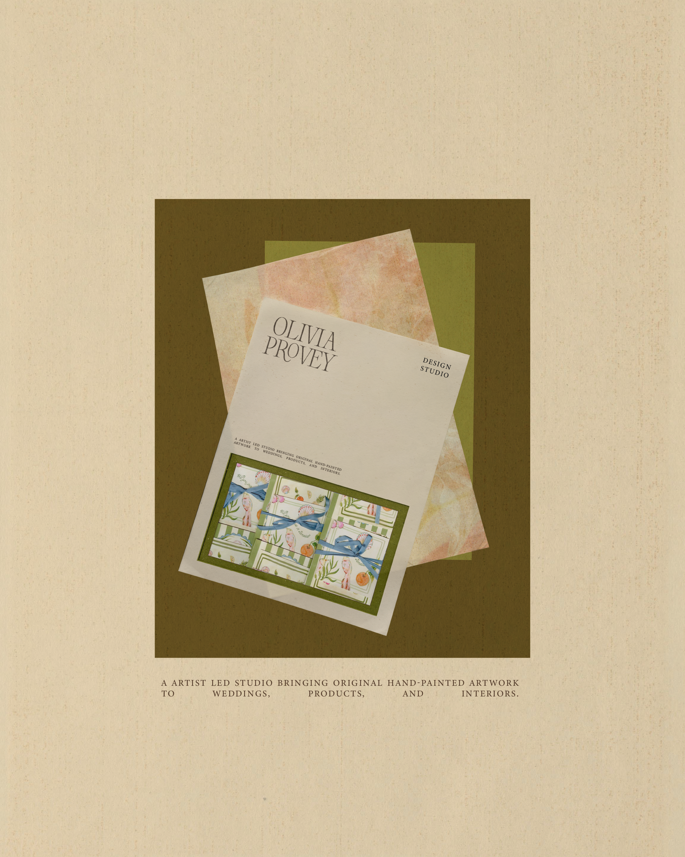 A marketing image showing a business card for Olivia Provay, a design studio, featuring hand-painted artwork for weddings, products, and interiors, with illustrations of birds, plants, and berries.