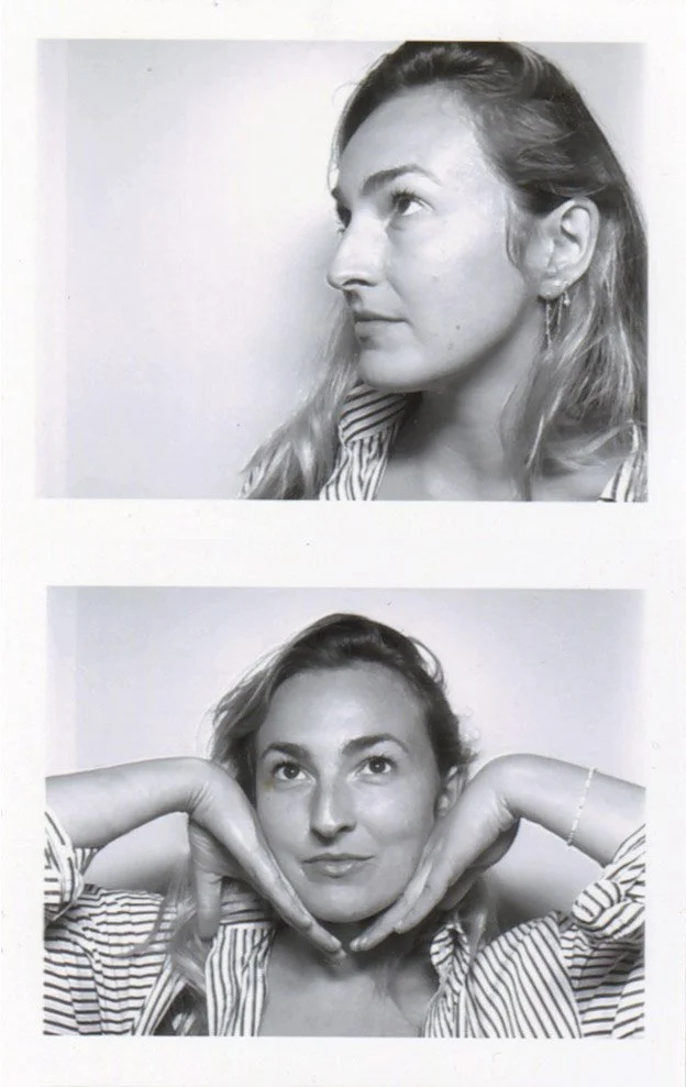 Black and white photos of a woman with wavy hair, striped shirt, first looking sideways and second posing with her hands under her chin.