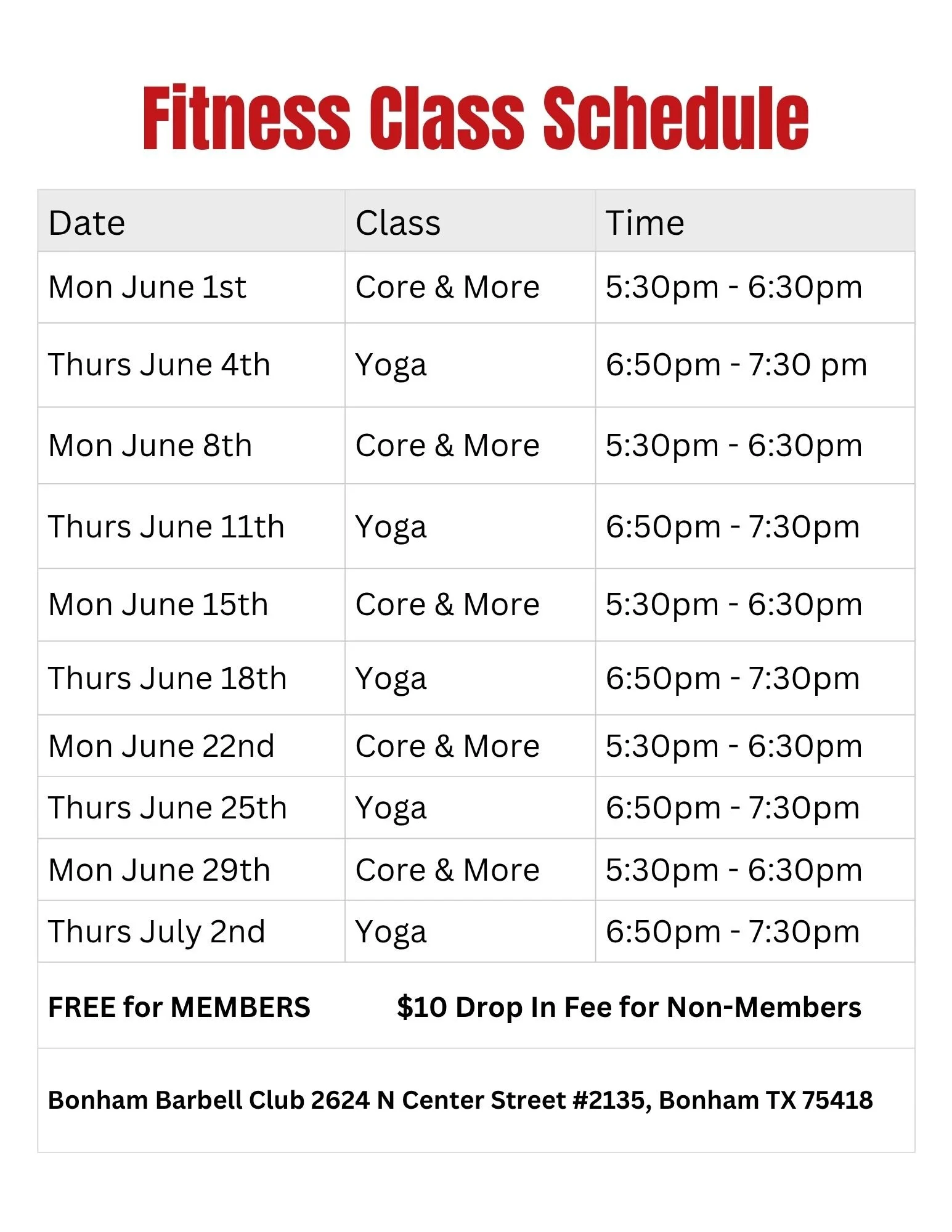 Fitness Class Schedule - Bonham Barbell Club JUNE 2026