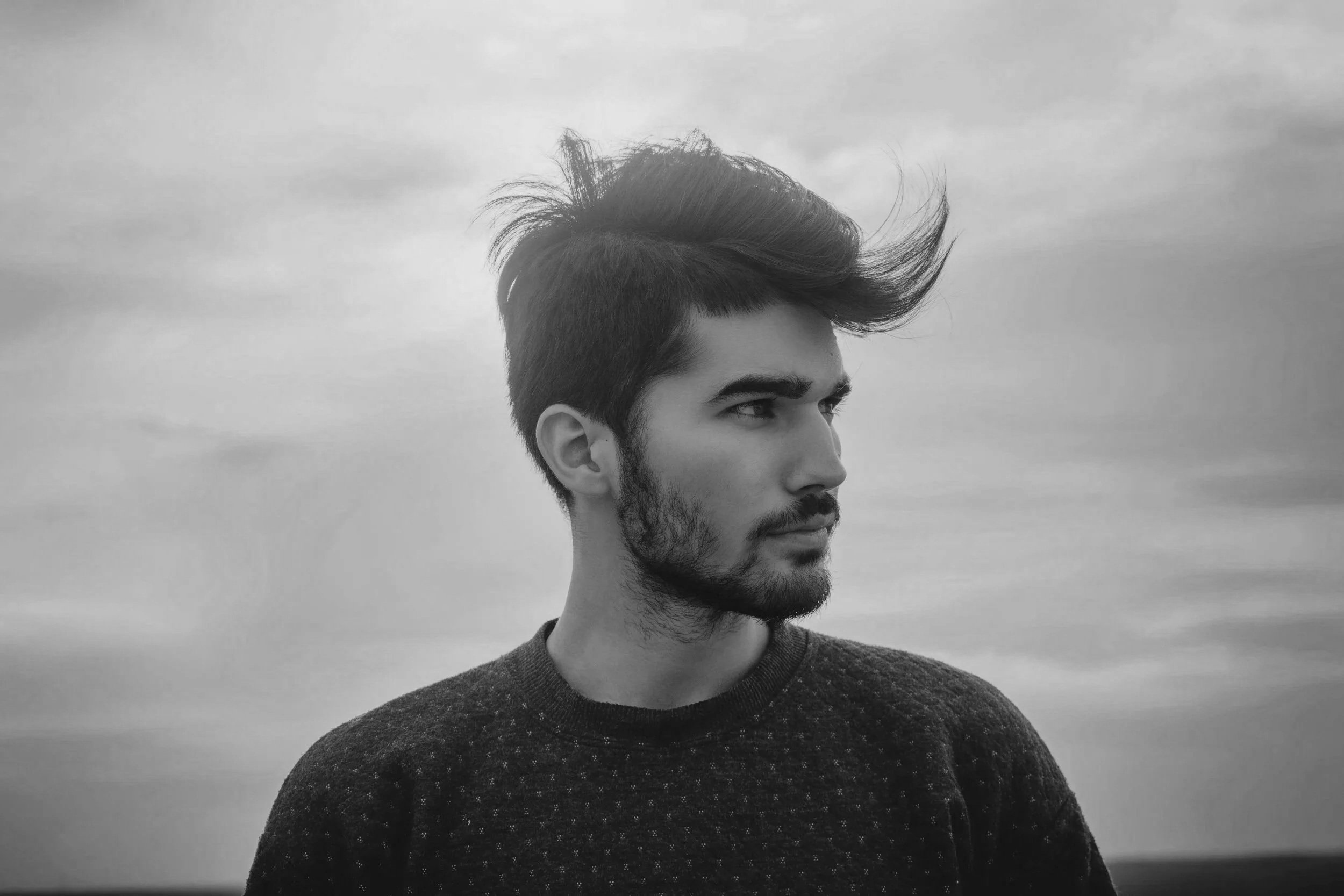 Black and white photo of a young man with styled hair and a beard, looking to the side outdoors, cloudy sky in the background.