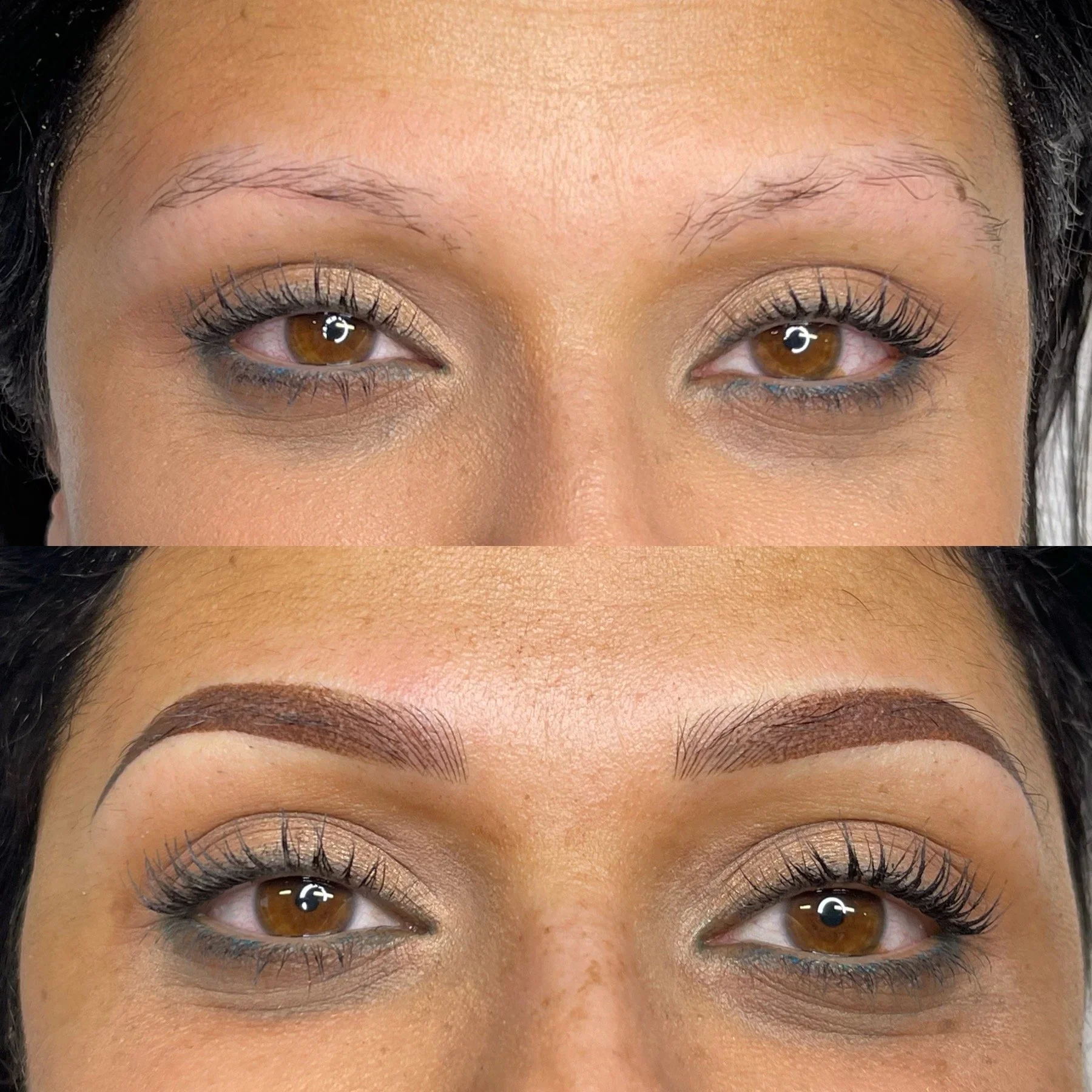 Comparison of eyes with and without eyebrow makeup. The top shows natural eyebrows with light makeup, and the bottom shows well-defined, filled-in eyebrows.