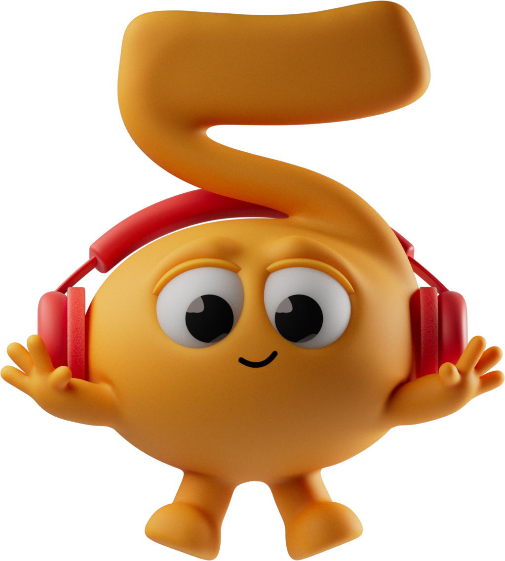 A cartoon character with a round yellow body, large eyes, and a small smile, wearing red headphones, with a large orange number 3 swirling above its head.