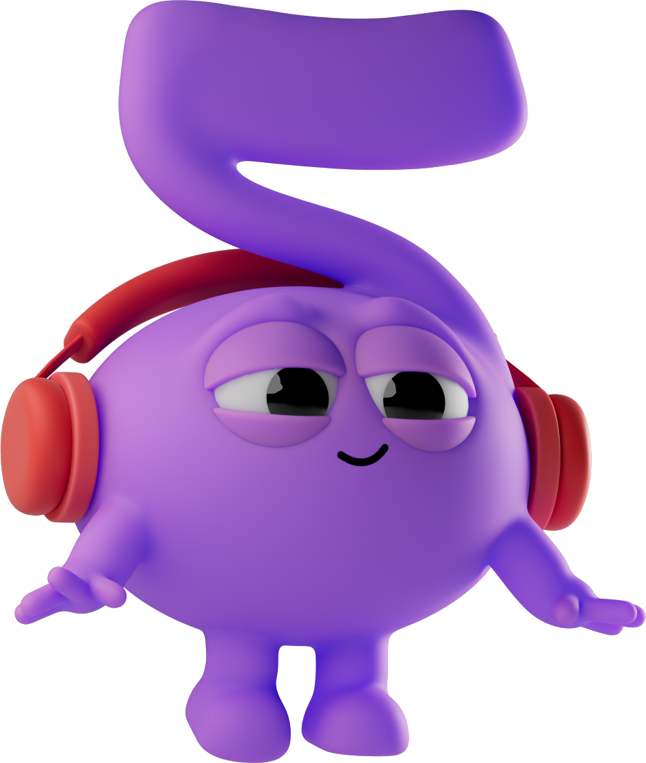 Cartoon purple character with a large head, droopy eyelids, a small smile, wearing red headphones, and a purple whip-like appendage on the head.