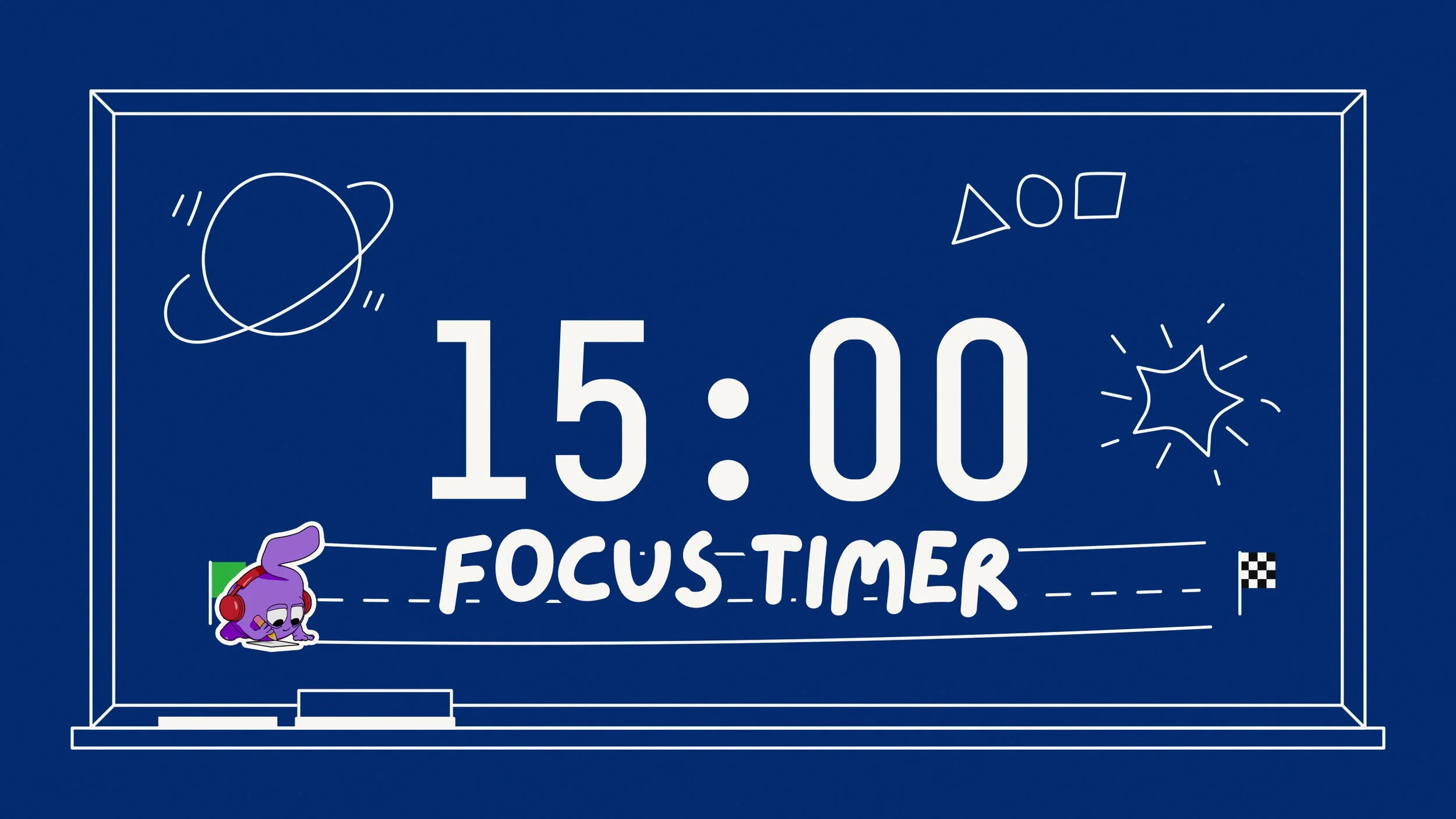 A digital illustration of a chalkboard with space-themed doodles, showing a 15:00 focus timer, and a cartoon character with purple hair, red headphones, and glasses, wearing a white shirt, running towards a finish line.