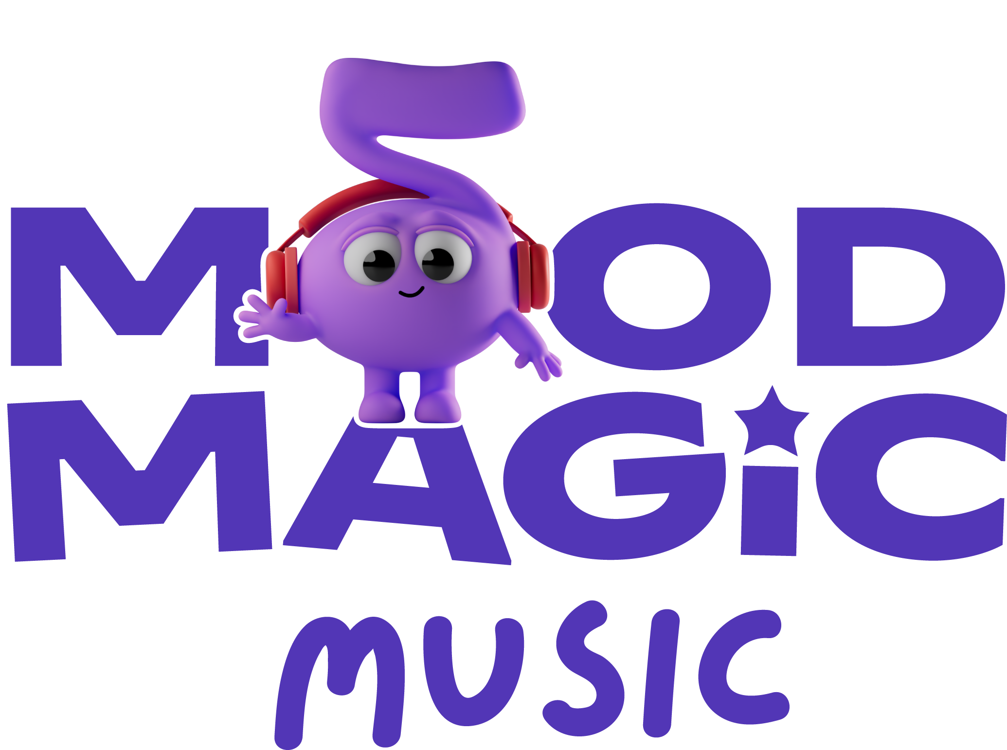 A purple cartoon character with a round body, large eyes, and a small smile, wearing red headphones and waving.
