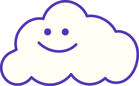 A cartoon-style white cloud with a smiling face and two small eyes outlined in purple.