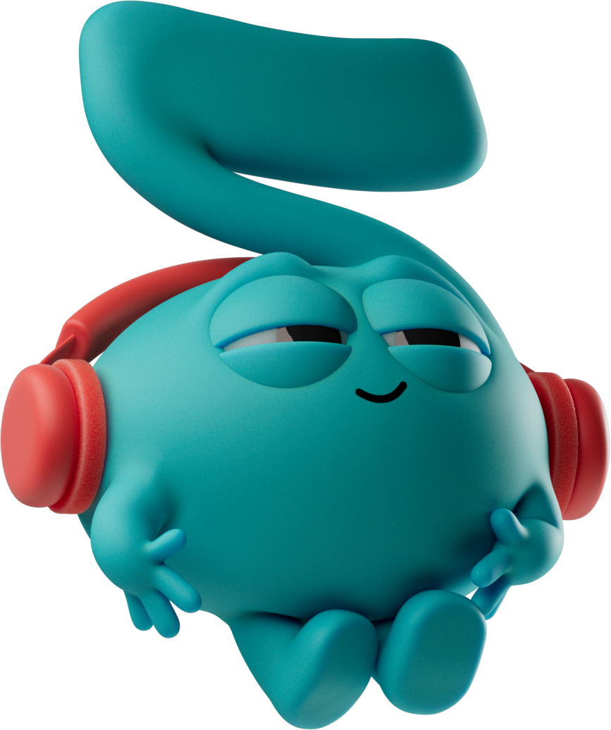 Cartoon character with blue body, closed eyes, a small smile, red headphones, and a large curvy tail, sitting with arms crossed against a black background.