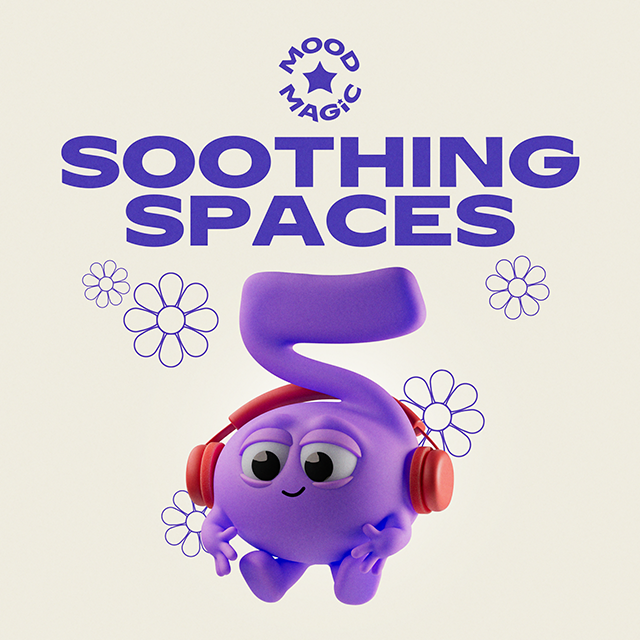 Purple cartoon character with headphones and a tail, surrounded by flower illustrations, with the text 'Soothing Spaces' and 'Mood Magic' above.