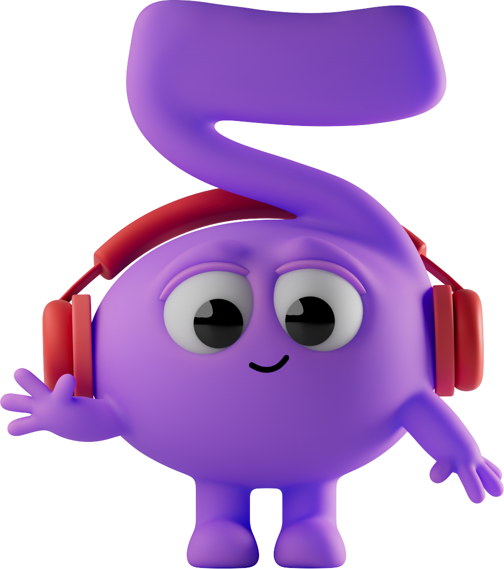 A cute, purple cartoon character with large eyes and a small smile, wearing red headphones and waving.