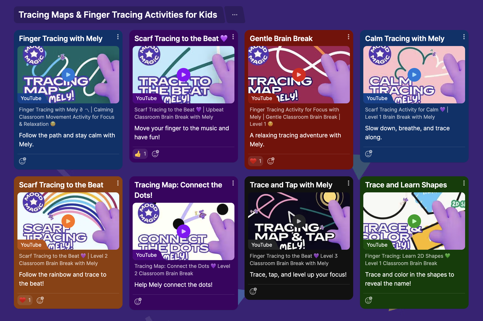 Mood Magic finger-tracing brain break videos for kids — eight Tracing Map activity cards with Mely on Padlet.