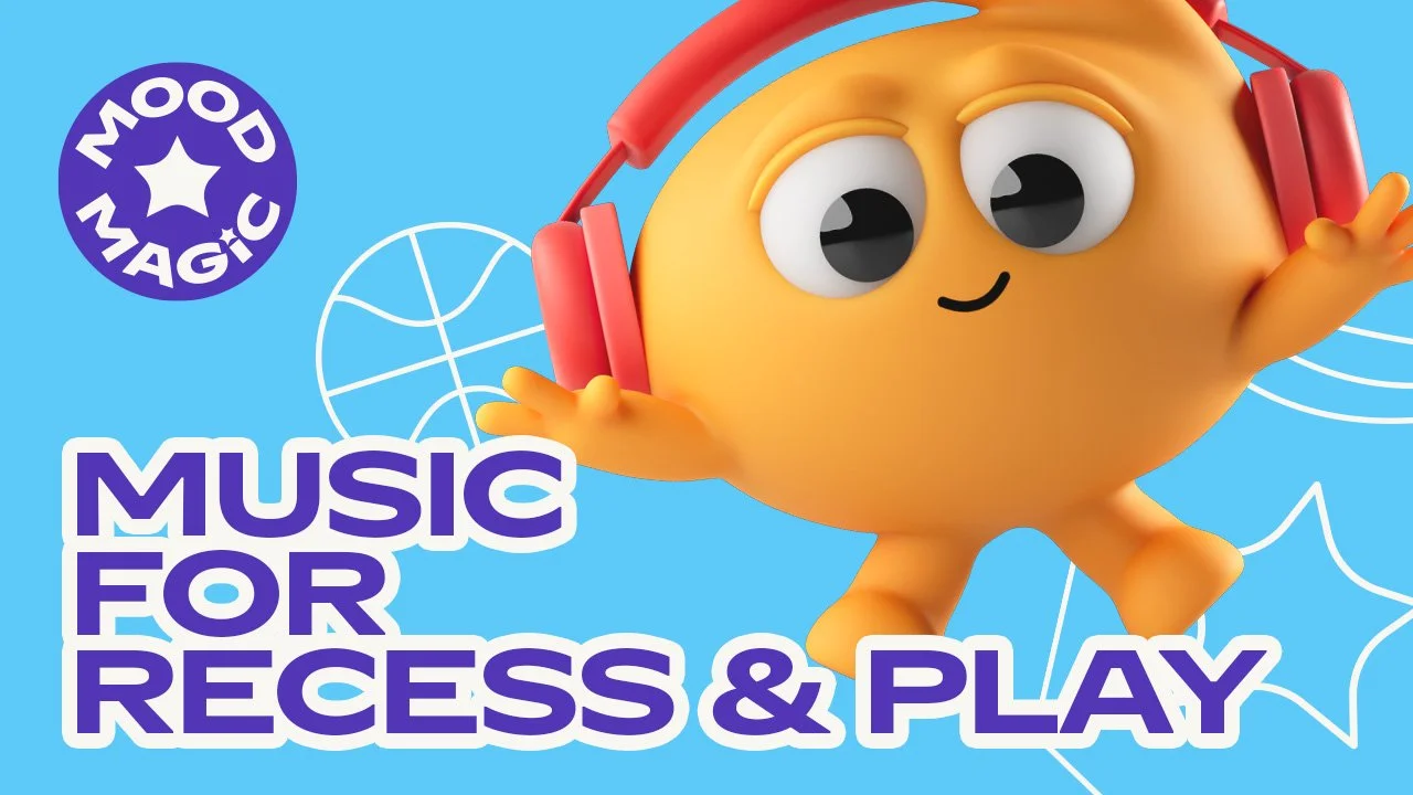 A cartoon character with a round, orange body wearing red headphones, smiling, on a blue background with white outlines of a basketball and a star. The text reads "Music for Recess & Play" and a purple circle with white text says "Good Magic."
