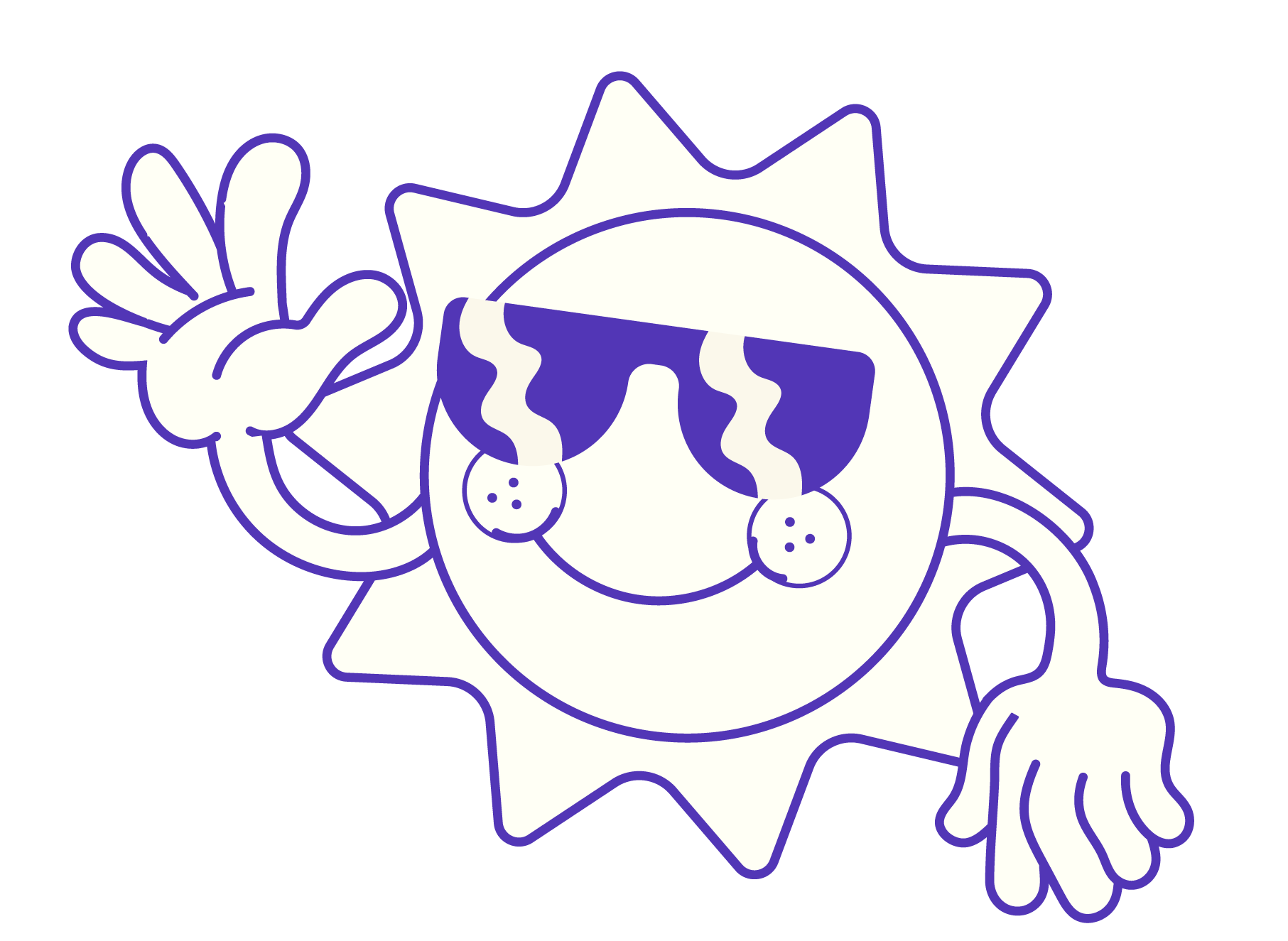 A cartoon sun wearing sunglasses and smiling, waving with one hand and the other hand extended.