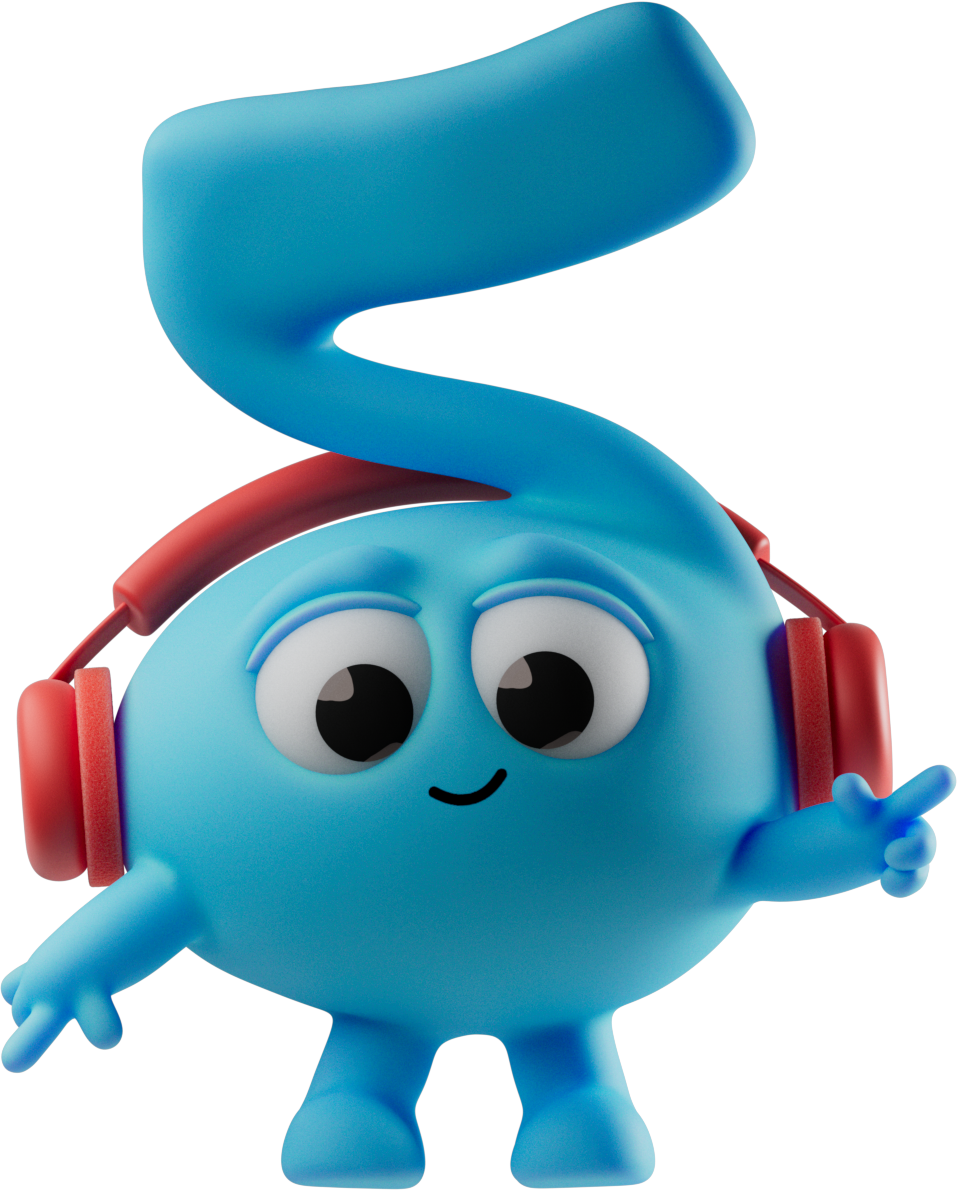 Cute blue cartoon character with big eyes, wearing red headphones, smiling and pointing to the right against a black background.
