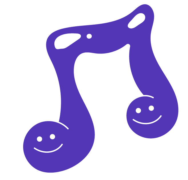 A graphic of two purple musical notes with smiling faces.