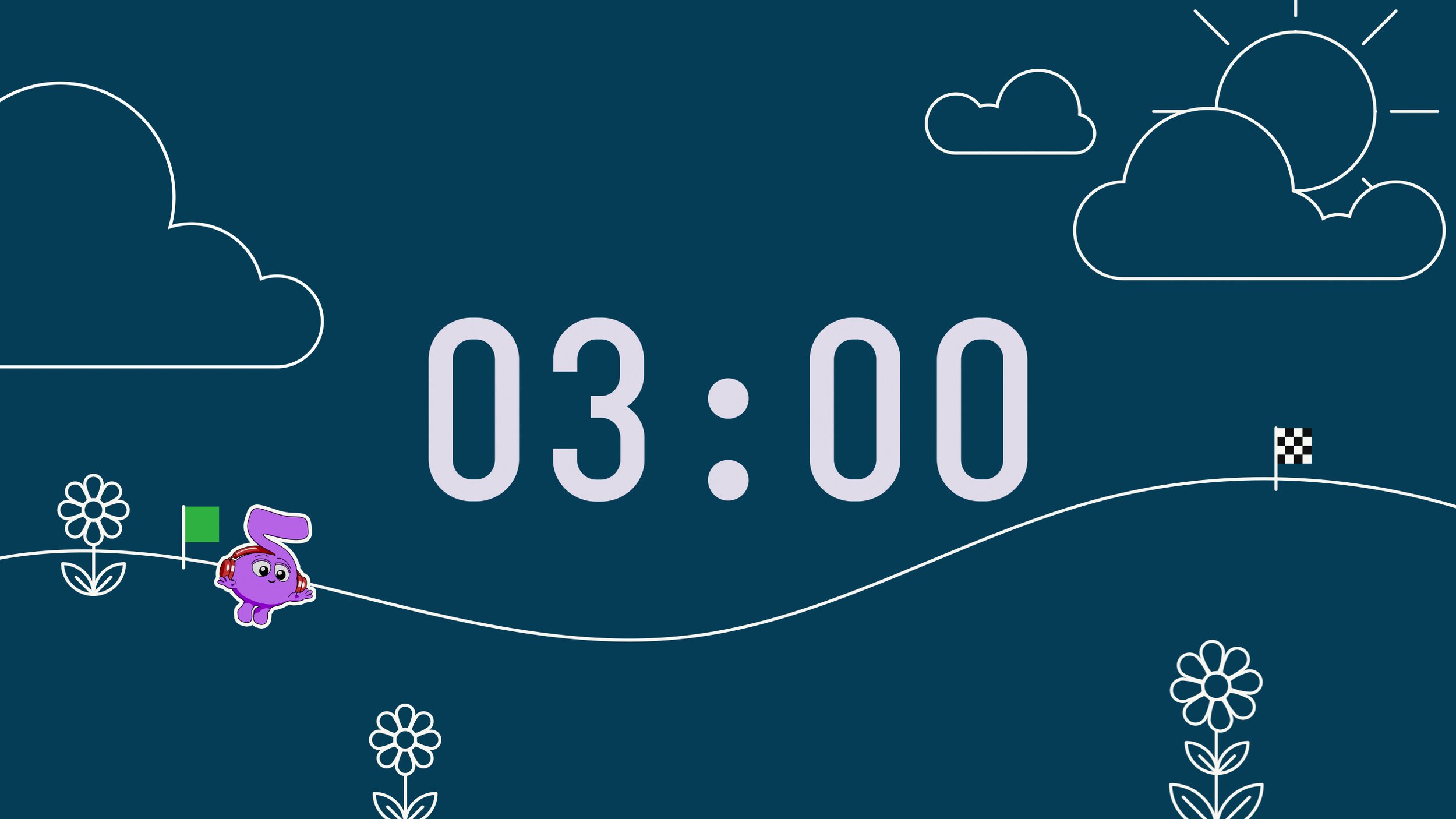 Digital countdown clock showing 03:00 with cartoon illustrations of clouds, sun, flowers, and a purple character on a hedge with a green flag, on a dark blue background.