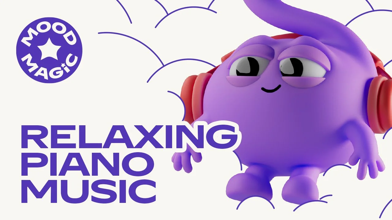 A cartoon purple creature with big eyes and a happy expression, wearing headphones, alongside the text "Relaxing Piano Music" and a circular logo that says "Good Vibes" with a star.