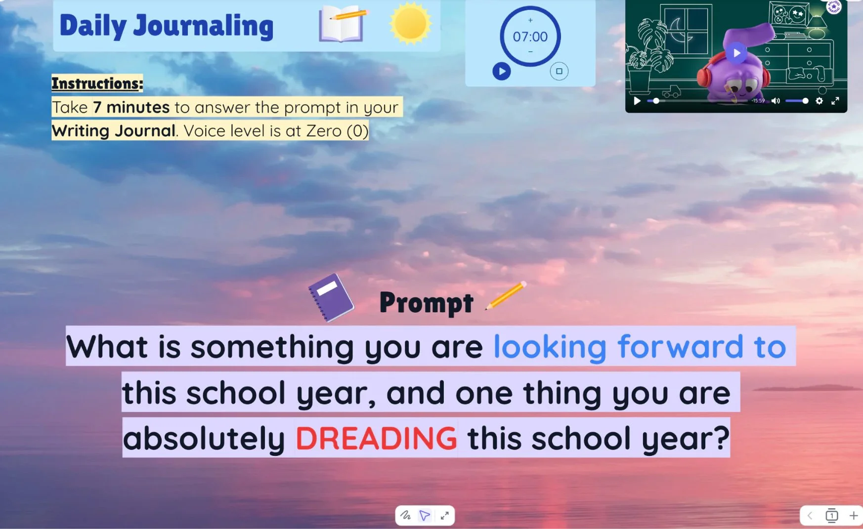Daily journaling classroom slide with a 7-minute timer and a back-to-school writing prompt over a sunset sky.
