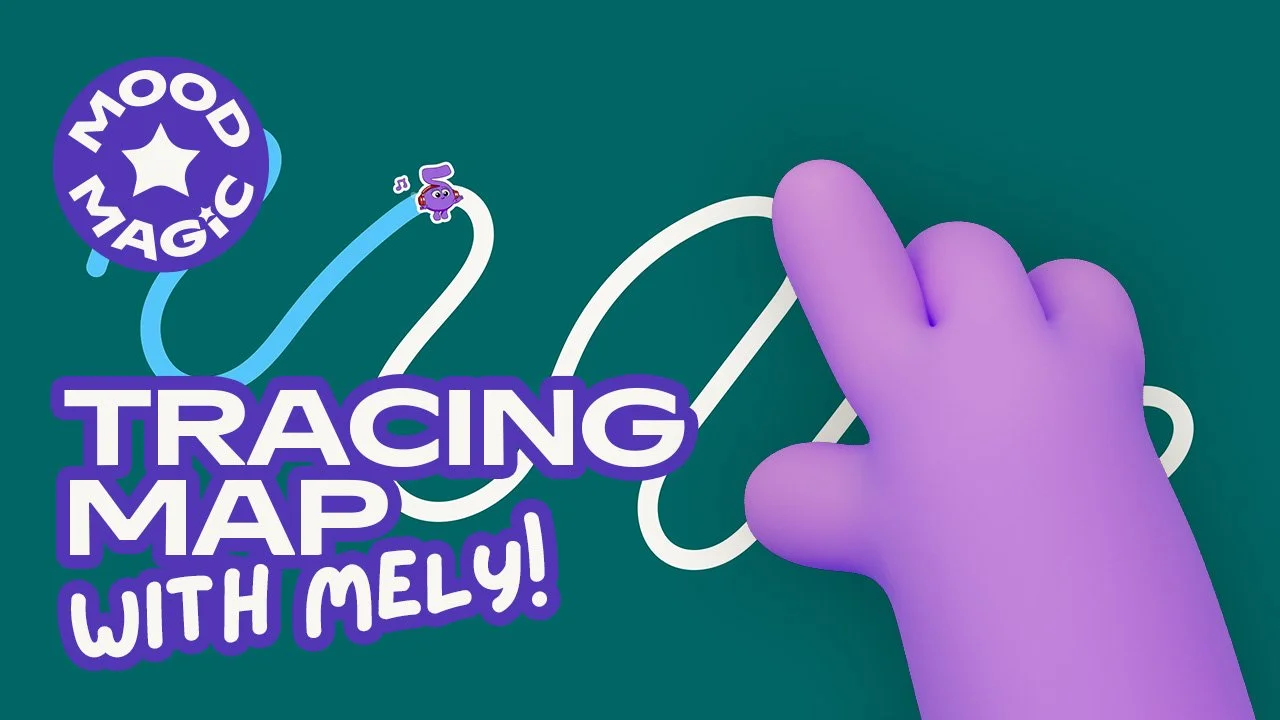 A purple toy hand tracing a white and purple squiggly pathway on a green background, with a purple and blue circular logo reading 'Wood Magic' in the top left corner, and the text 'Tracing Map with Mely!' in bold purple and white letters.