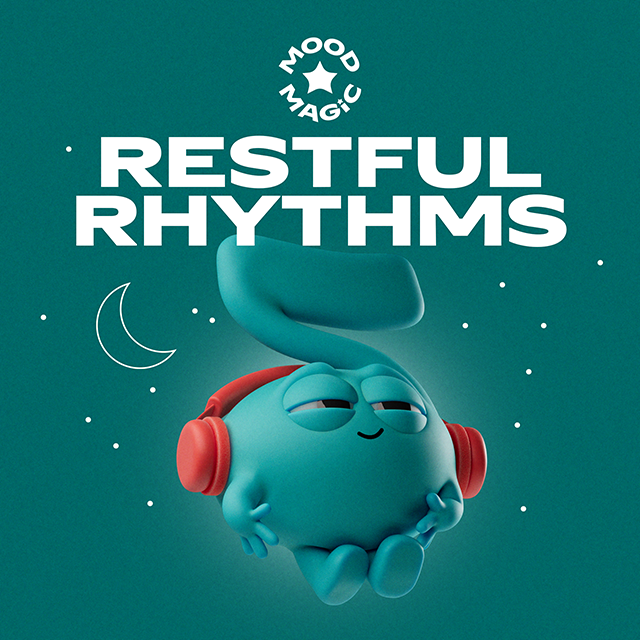 Cartoon character with headphones, relaxing with closed eyes against a night sky background, moons and stars, with text "Restful Rhythms" and logos for Mood Magic.
