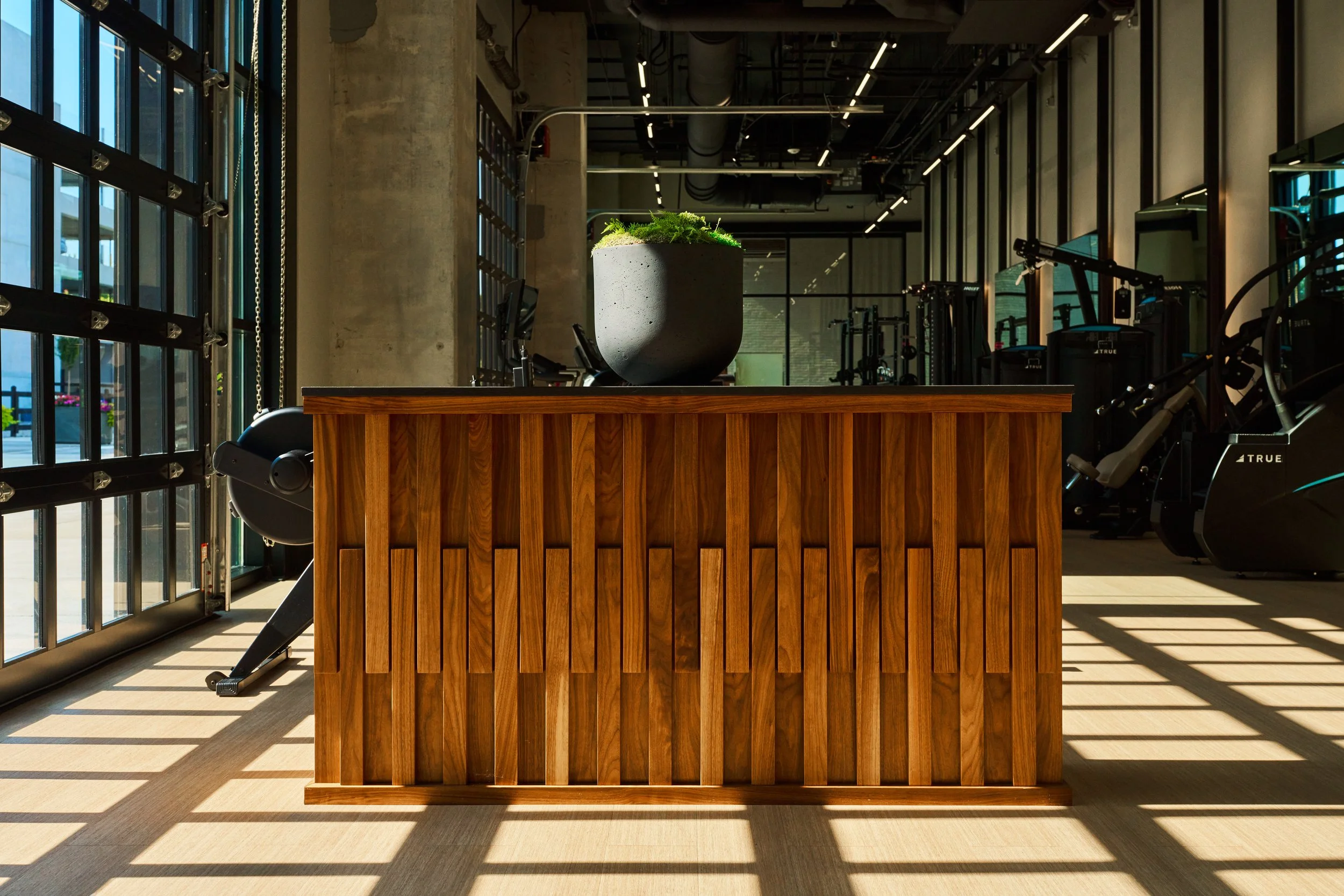 Indoor gym with wooden reception desk and black planters on top, gym equipment in the background, large windows on the left with sunlight and shadows on the floor.