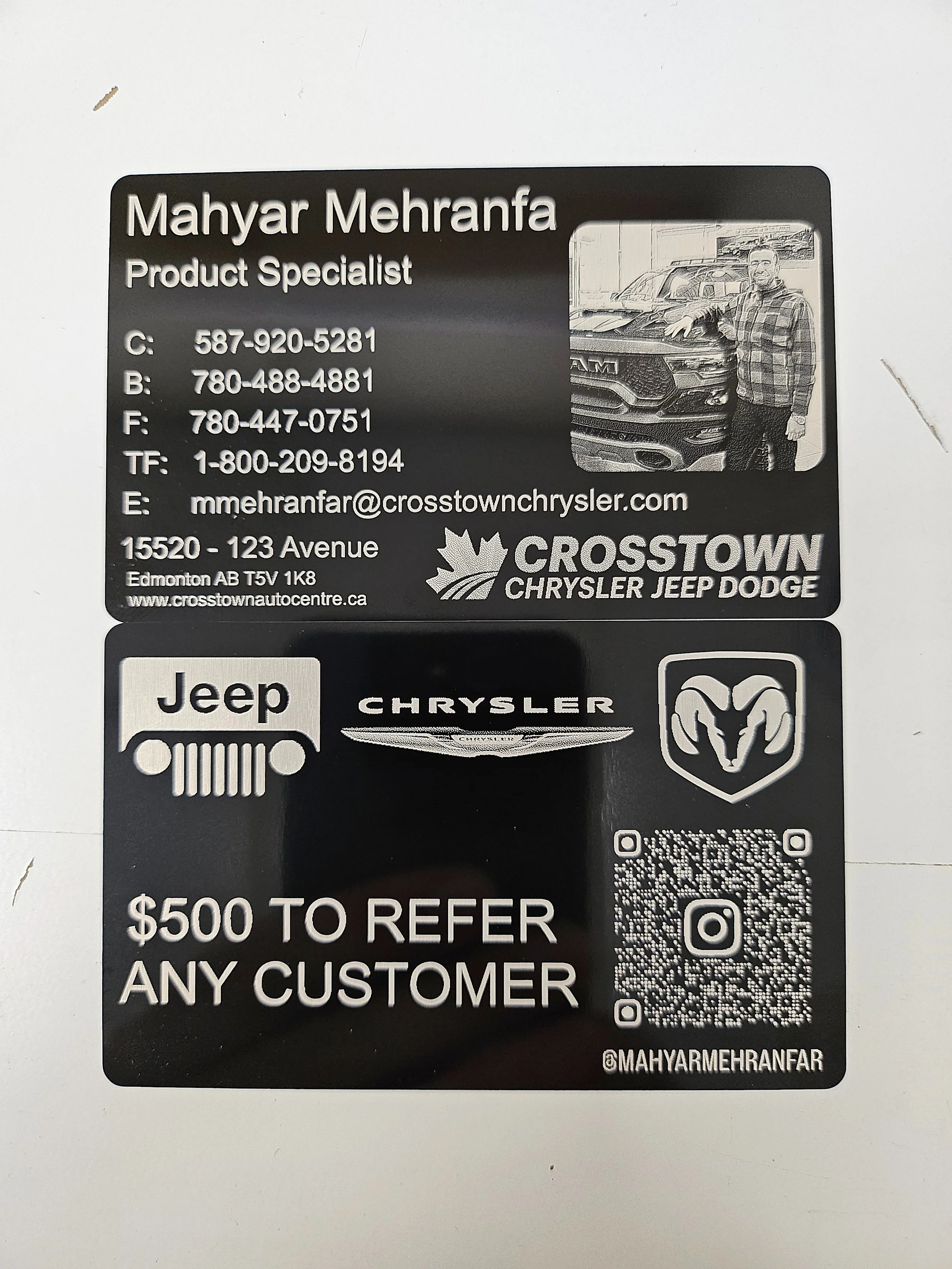 Business card for Mahyar Mehranfa, a Product Specialist at Crosstown Chrysler Jeep Dodge, featuring contact details, a photo of a man standing next to a Jeep vehicle, and logos of Jeep, Chrysler, and Ram, along with a QR code and a promotion for a $500 referral bonus.