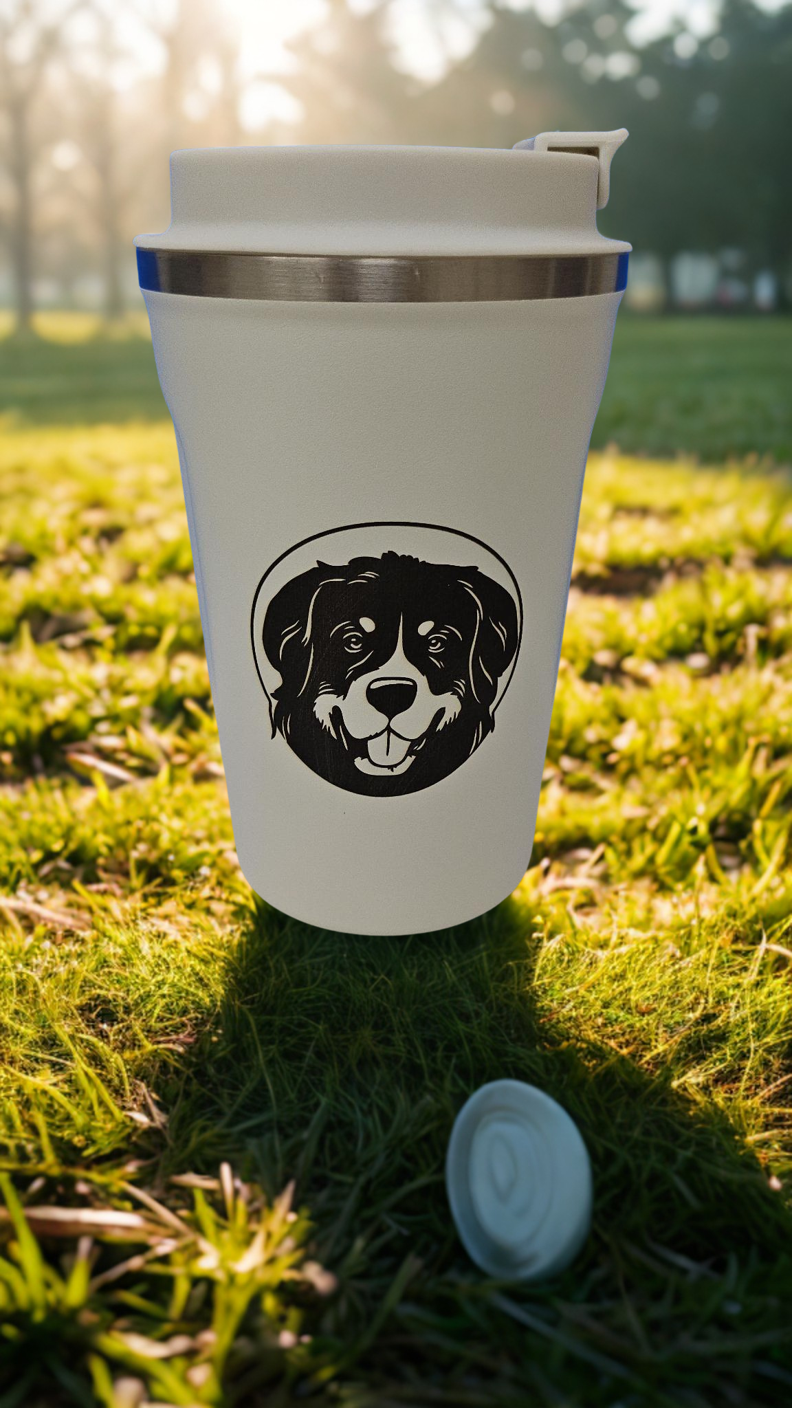 A white reusable coffee cup with a black dog face logo sitting on grass in a park, with the lid off and placed on the ground.
