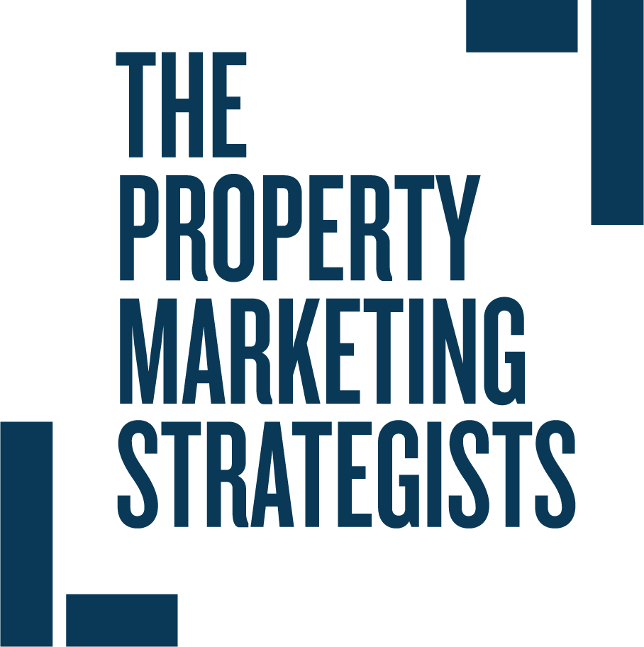 Text graphic reading 'The Property Marketing Strategists' with blue geometric shapes surrounding the text.